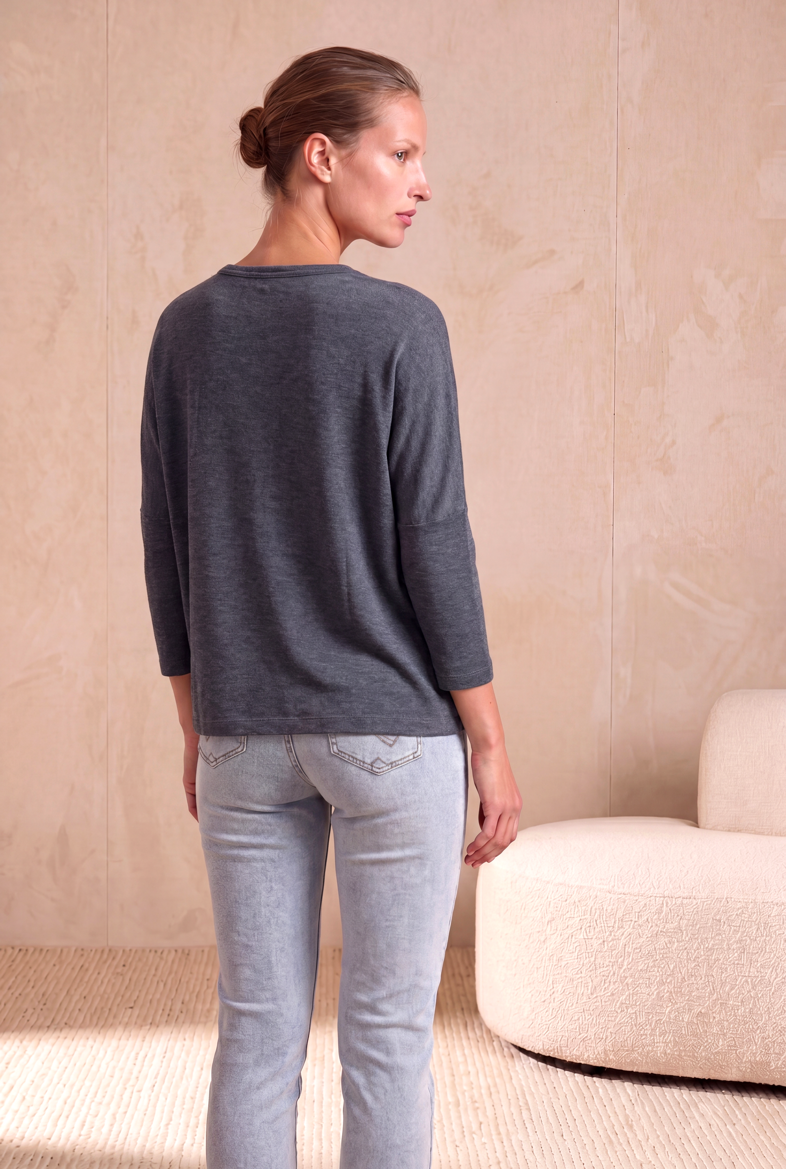 Kadın Mavi Viskon Relaxed Fit Bisiklet Yaka 3/4 Kol Düşük Omuz Bluz LIA