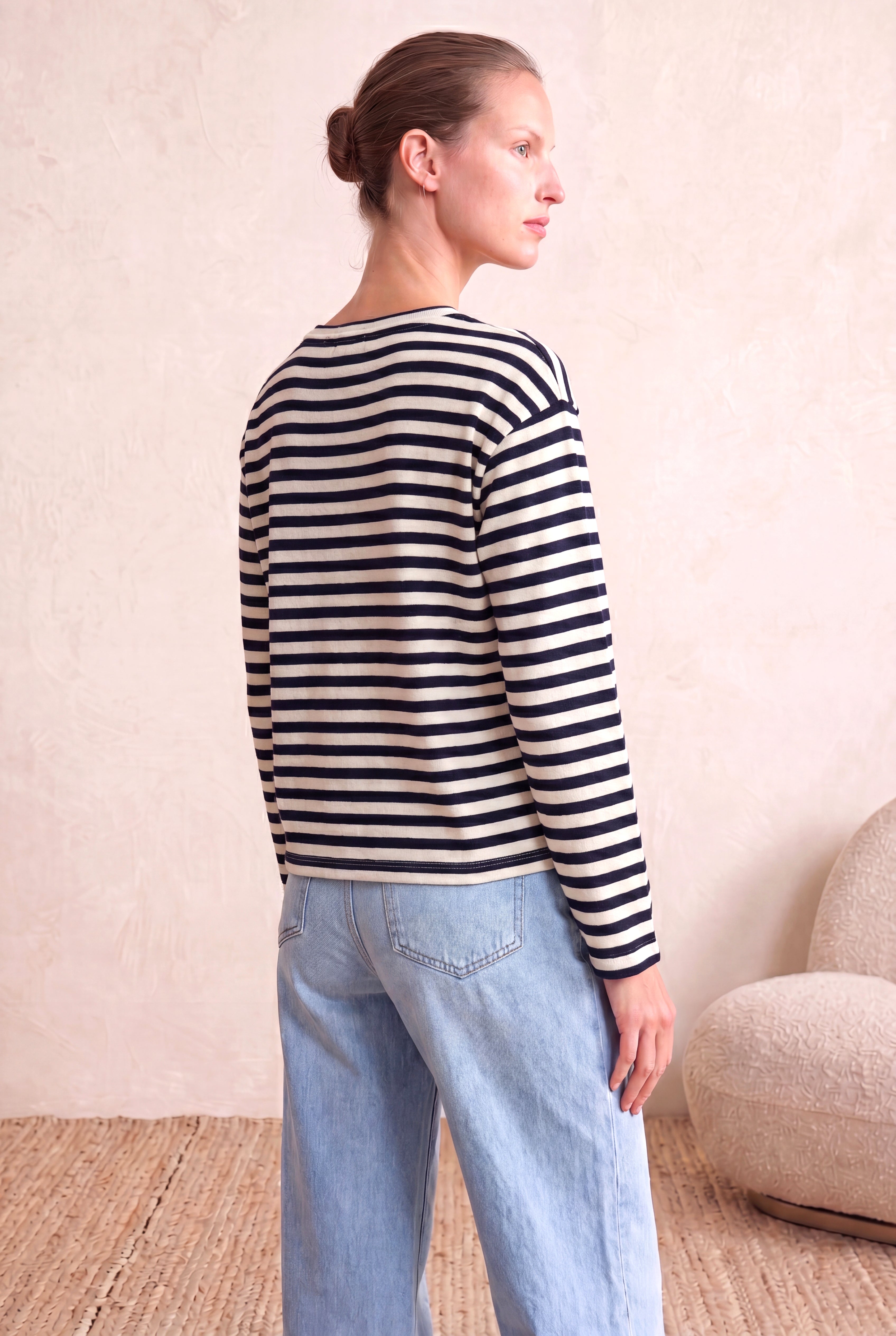 Kadın Lacivery / Ekru Çizgili %100 Pamuk Triko Görünümlü Oversize Fit Bisiklet Yaka Uzun Kollu Düşük Omuzlu T-Shirt BARBARA