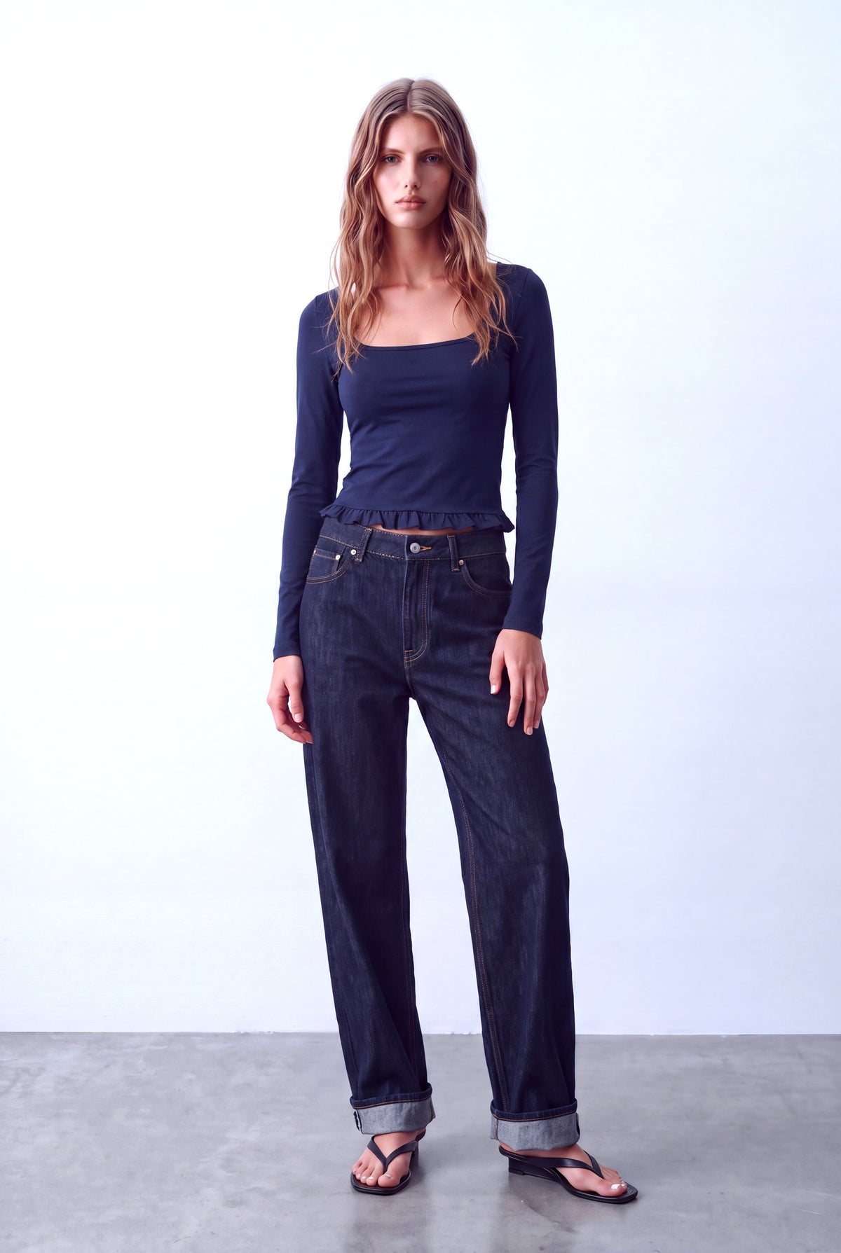 Lacivert Kadın Lacivert Pamuklu Kare Yaka Uzun Kollu Eteği Fırfır Detaylı Bluz PAULINE - Top - Westmark London EU(TR) Store Organik Pamuklu Sürdürülebilir Moda