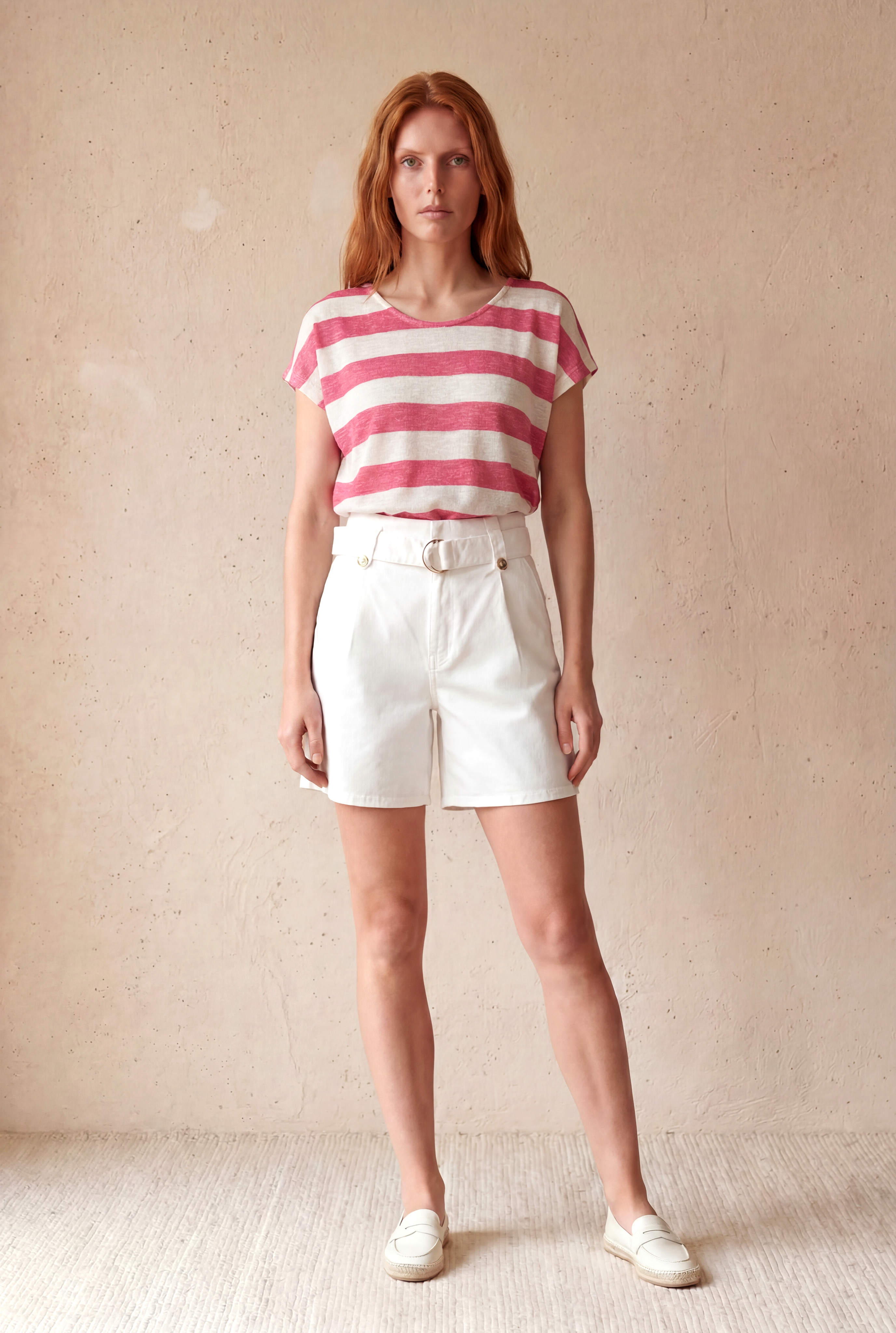 Kadın Regular Fit Bisiklet Yaka Kısa Kol Ekru / Fuşya Çizgili Viskon / Elastan T-Shirt WILDA - Top - Westmark London EU(TR) Store Organik Pamuklu Sürdürülebilir Moda