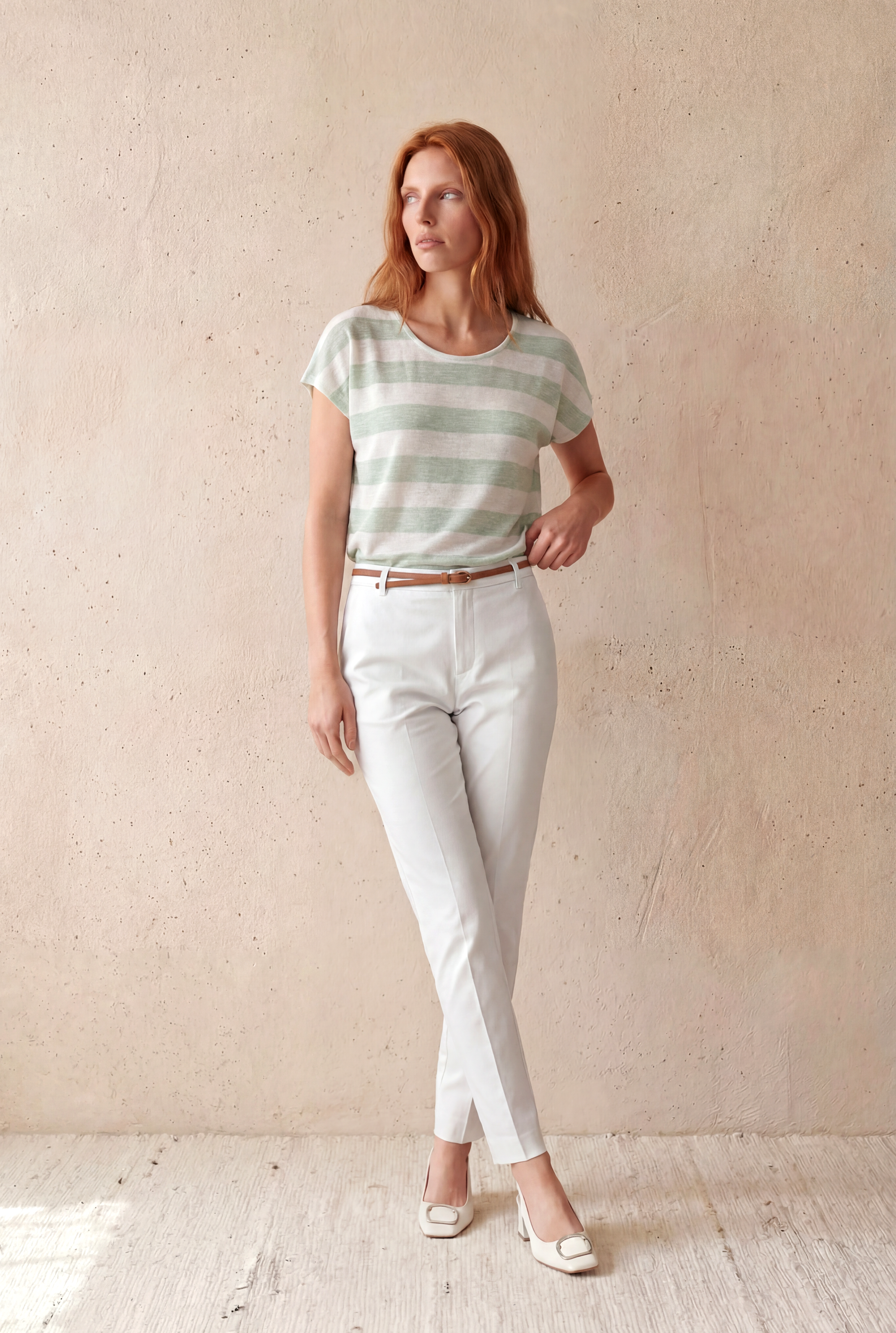 Kadın Regular Fit Bisiklet Yaka Kısa Kol Ekru / Limon Yeşili Çizgili Viskon / Elastan T-Shirt WILDA - Top - Westmark London EU(TR) Store Organik Pamuklu Sürdürülebilir Moda