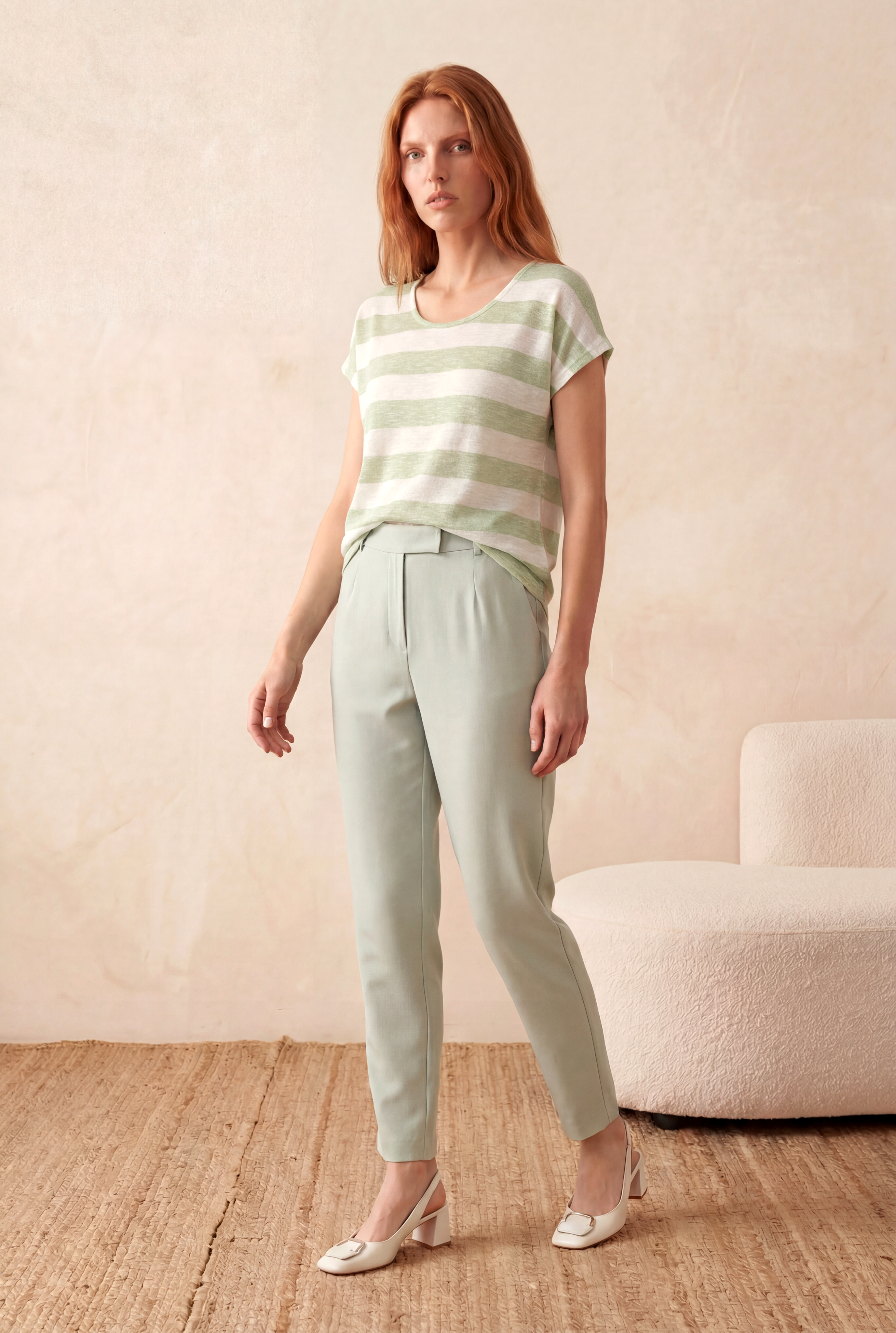 Kadın Regular Fit Bisiklet Yaka Kısa Kol Ekru / Light Yeşil Çizgili Viskon / Elastan T-Shirt WILDA - Top - Westmark London EU(TR) Store Organik Pamuklu Sürdürülebilir Moda