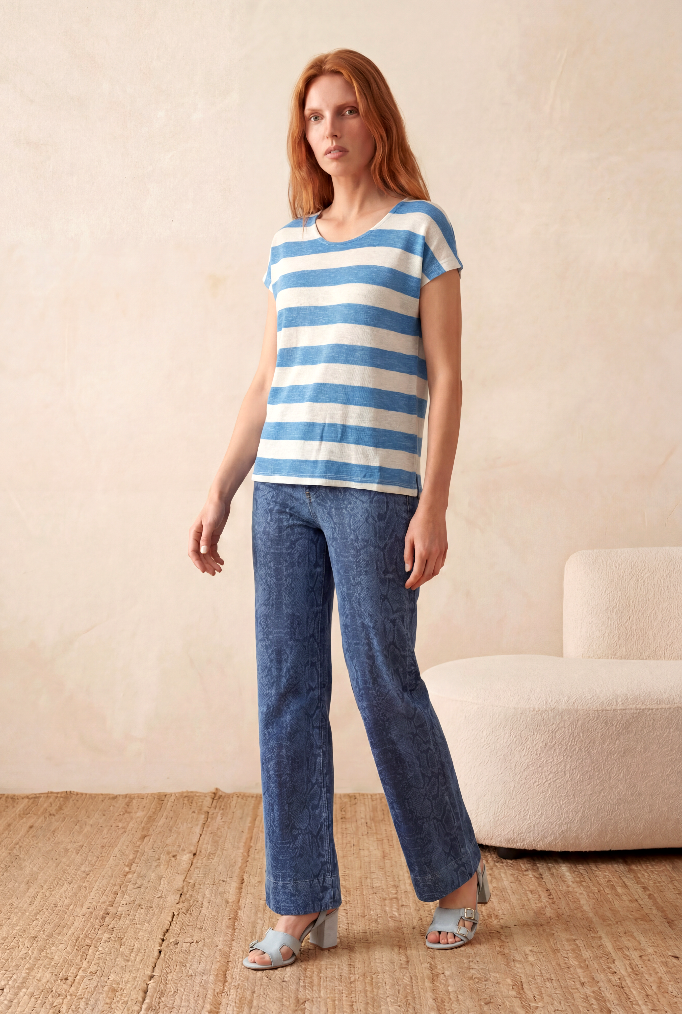 Kadın Regular Fit Bisiklet Yaka Kısa Kol Ekru / Canlı Mavi Çizgili Viskon / Elastan T-Shirt WILDA - Top - Westmark London EU(TR) Store Organik Pamuklu Sürdürülebilir Moda