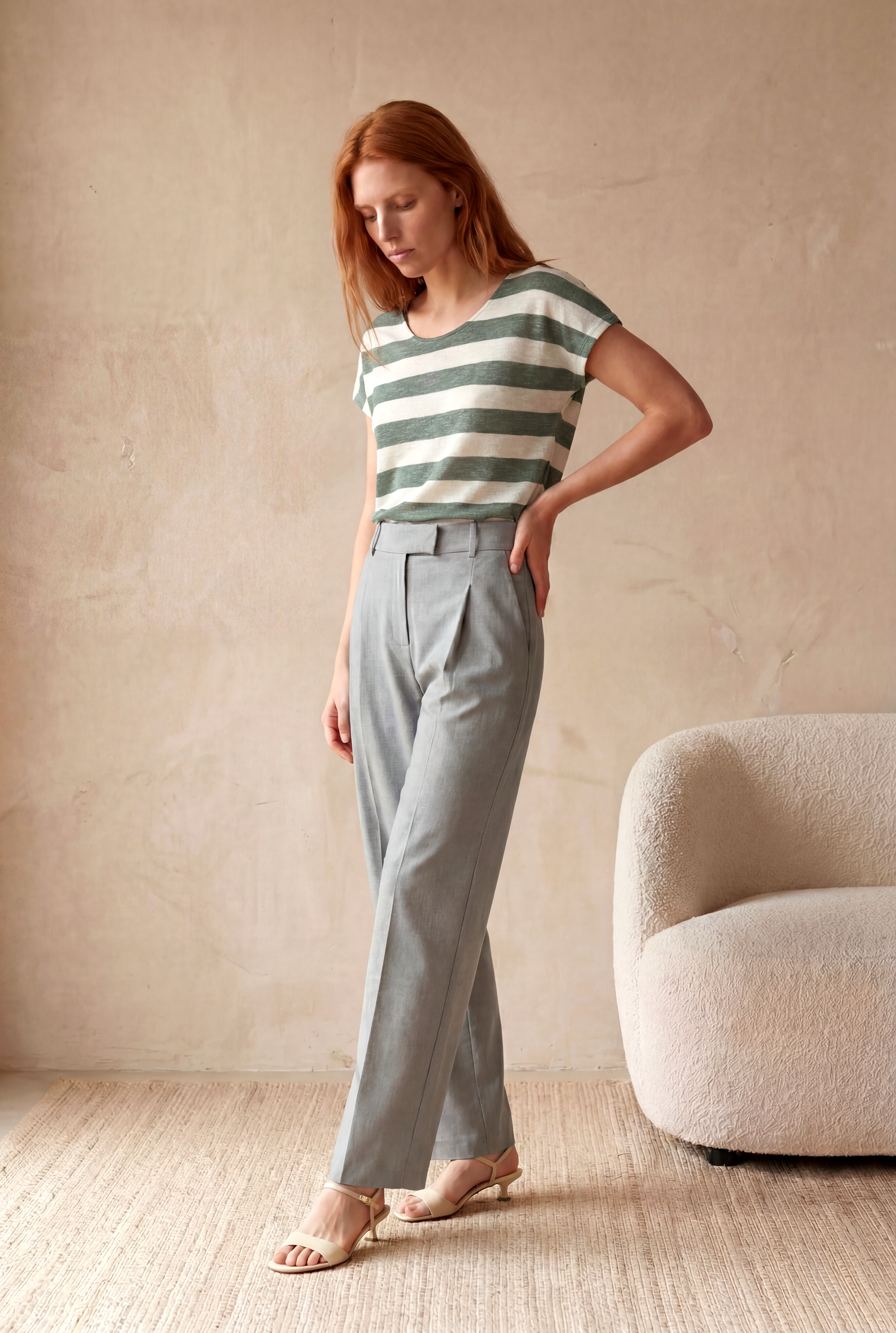 Kadın Regular Fit Bisiklet Yaka Kısa Kol Ekru / Defne Yeşili Çizgili Viskon / Elastan T-Shirt WILDA - Top - Westmark London EU(TR) Store Organik Pamuklu Sürdürülebilir Moda