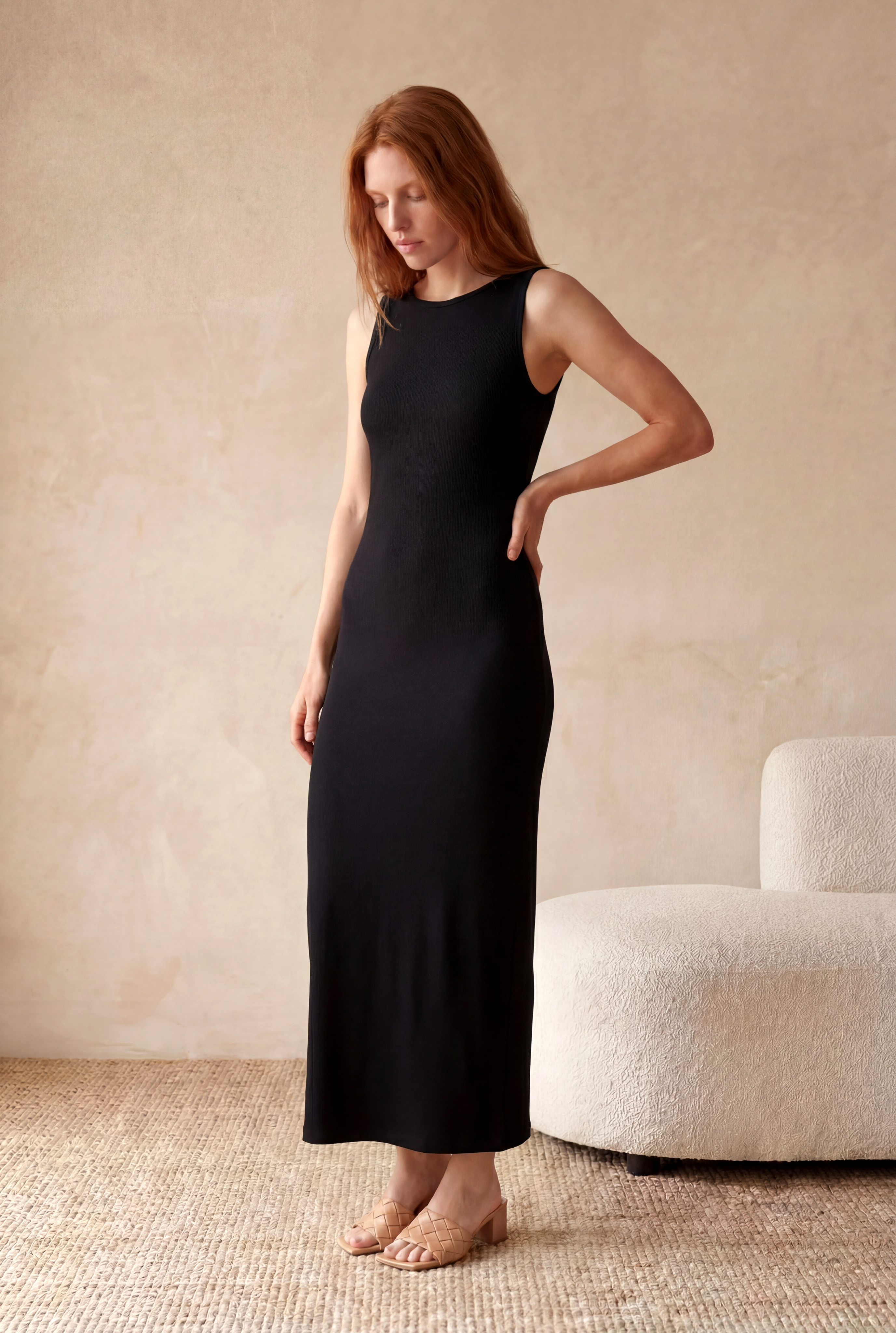 Kadın Regular Fit Bisiklet Yaka Kolsuz Siyah Pamuklu Fitilli Ribana Midi Elbise DEBORA - Dress - Westmark London EU(TR) Store Organik Pamuklu Sürdürülebilir Moda