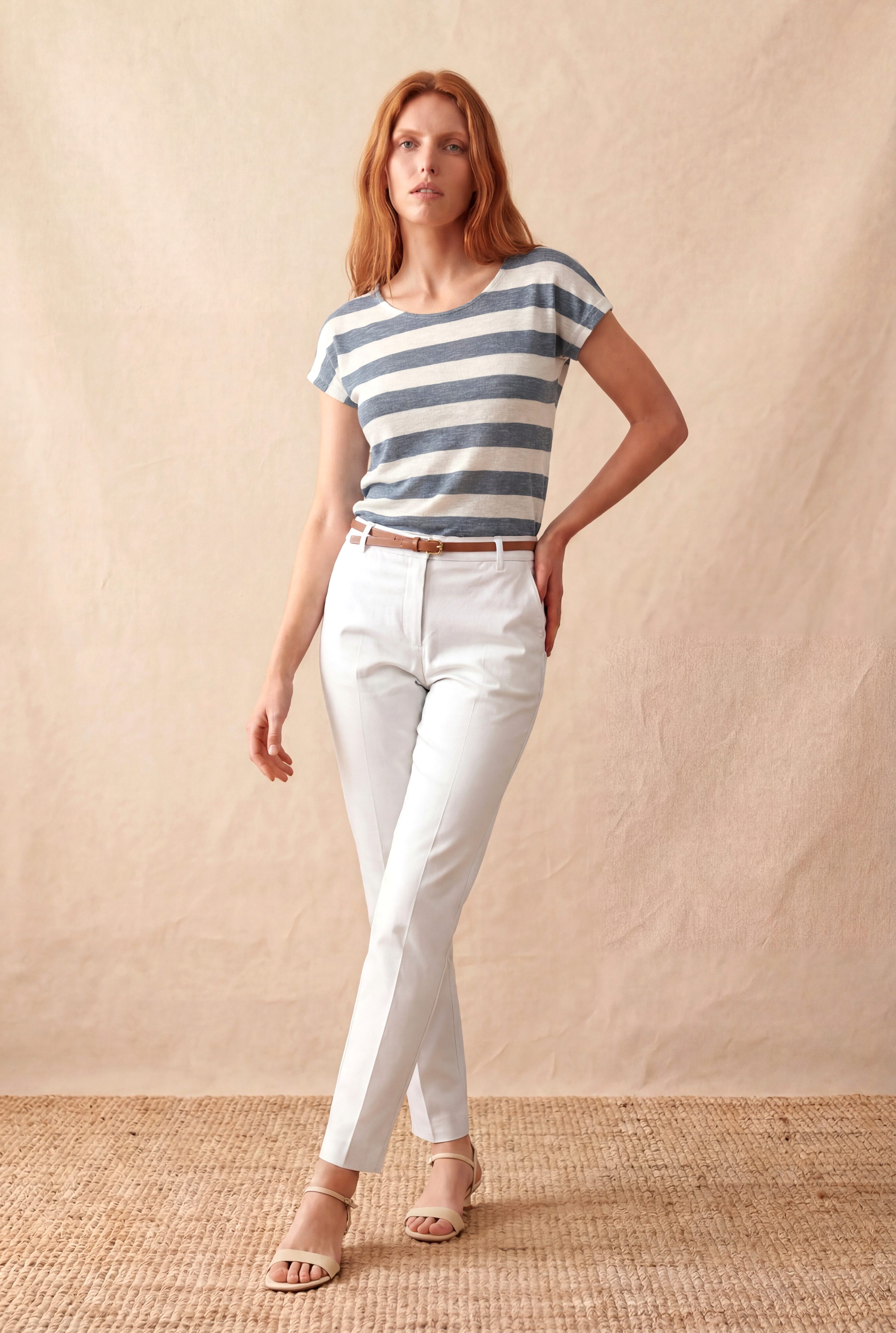 Kadın Regular Fit Bisiklet Yaka Kısa Kol Ekru / Mdumanlı Mavi Çizgili Viskon / Elastan T-Shirt WILDA - Top - Westmark London EU(TR) Store Organik Pamuklu Sürdürülebilir Moda