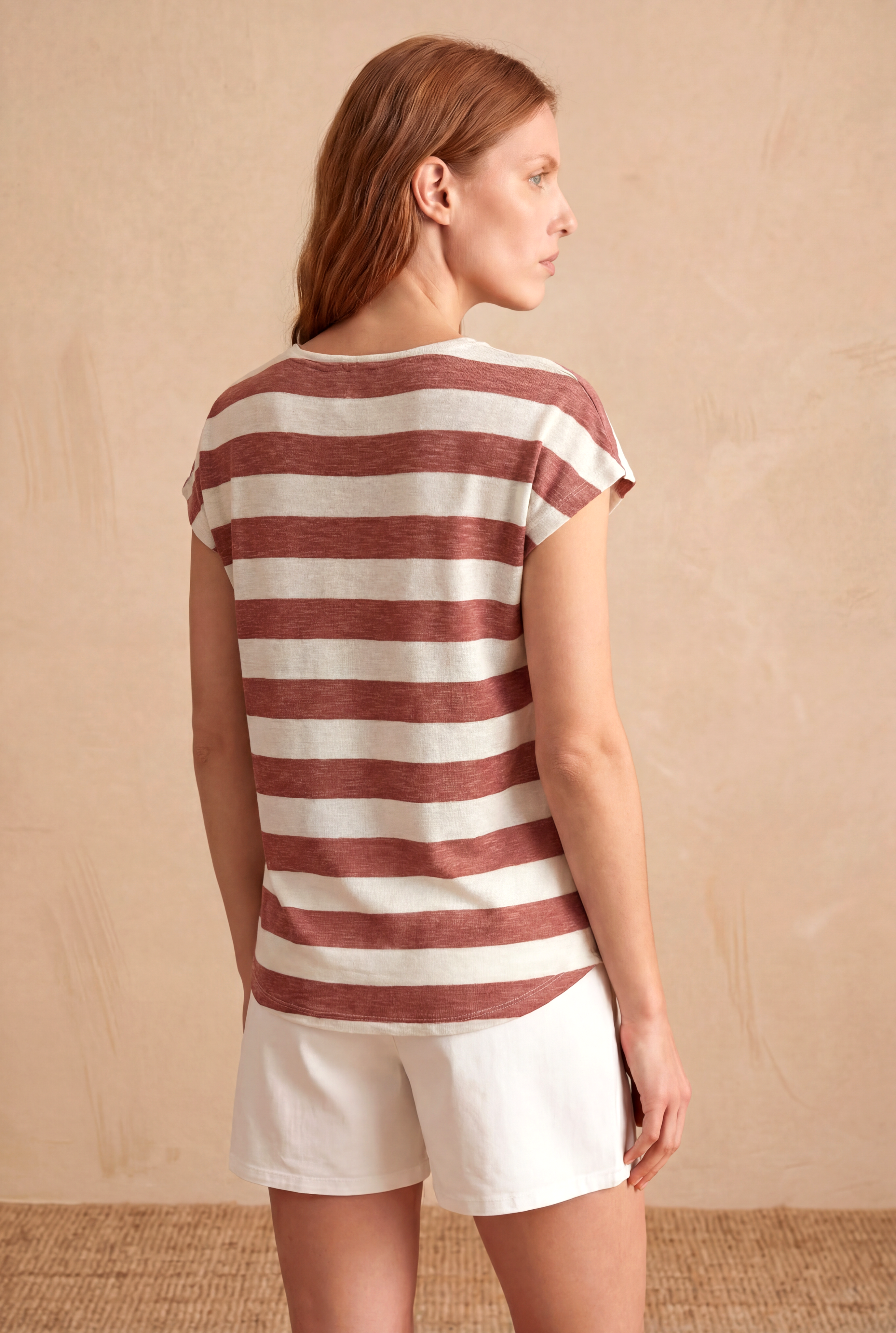Kadın Regular Fit Bisiklet Yaka Kısa Kol Ekru / Kahverengi Çizgili Viskon / Elastan T-Shirt WILDA - Top - Westmark London EU(TR) Store Organik Pamuklu Sürdürülebilir Moda