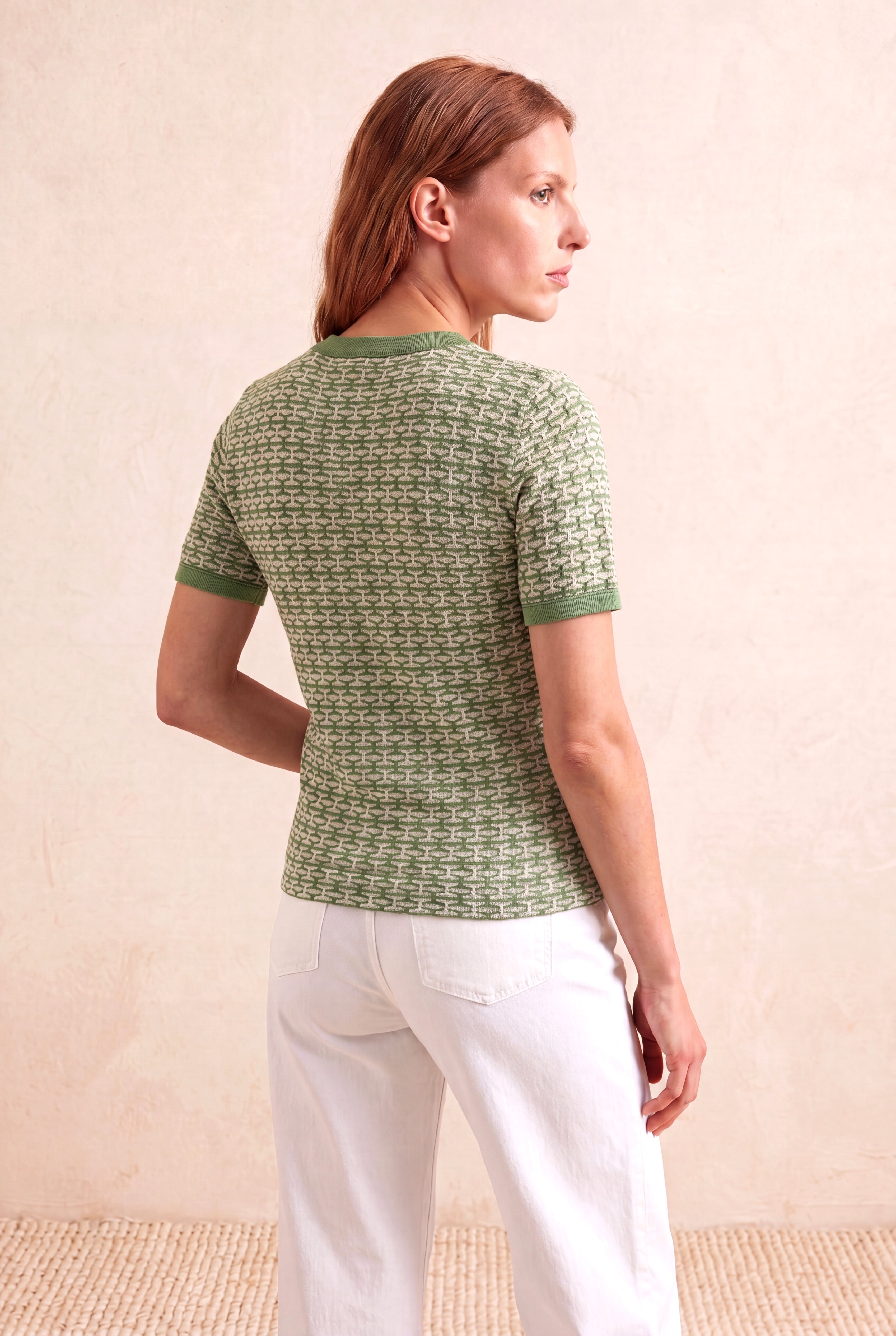 Kadın Yeşil Desenli Pamuklu Örme Bisiklet Yaka Kısa Kollu T-Shirt CATARINA
