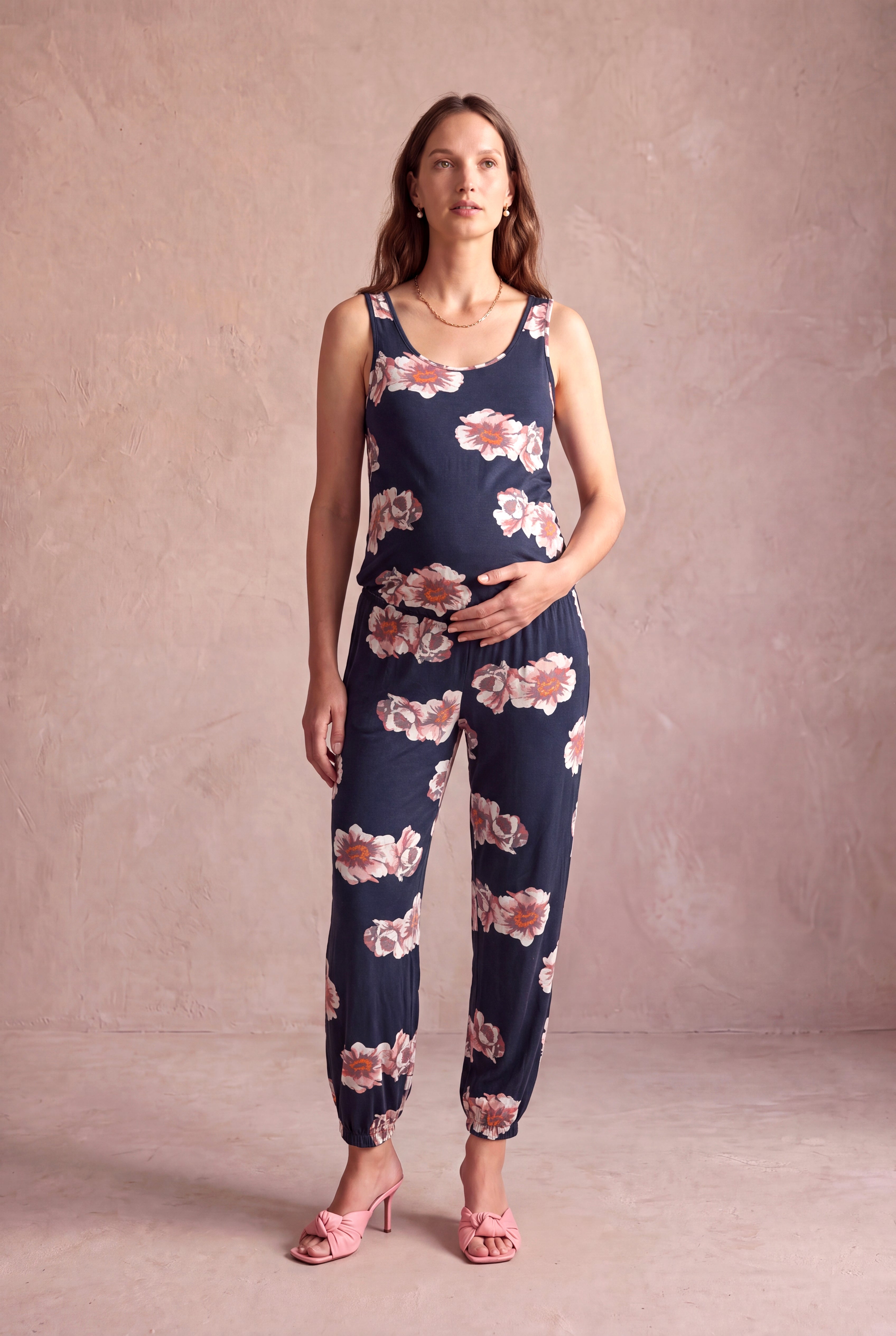 Hamile Koyu Lacivert Viskon Bisiklet Yaka Kolsuz Çiçek Baskılı Jumpsuit LACEY