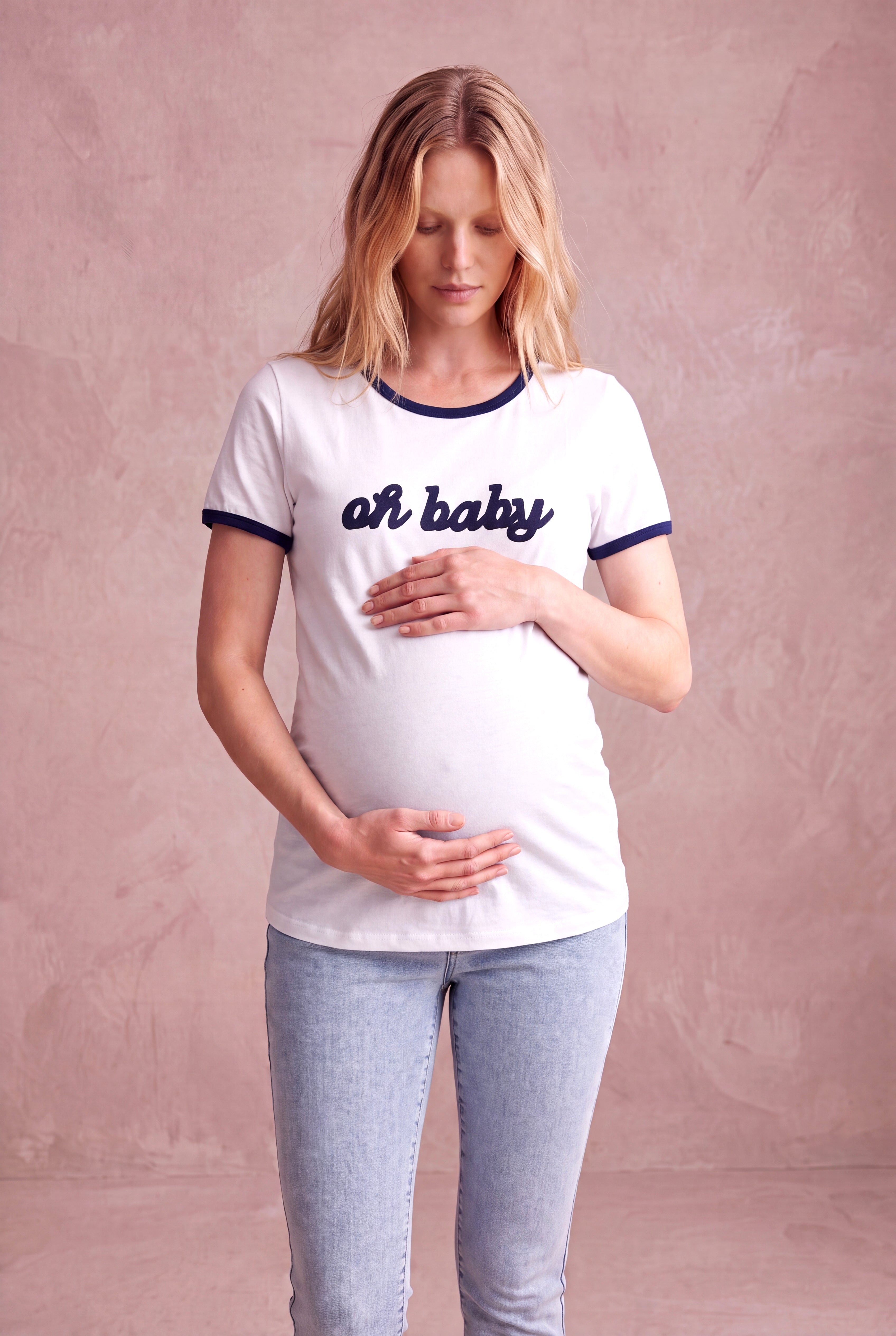 Hamile Beyaz Pamuklu Bisiklet Yaka Kısa Kollu Baskılı T-Shirt OPHELIA