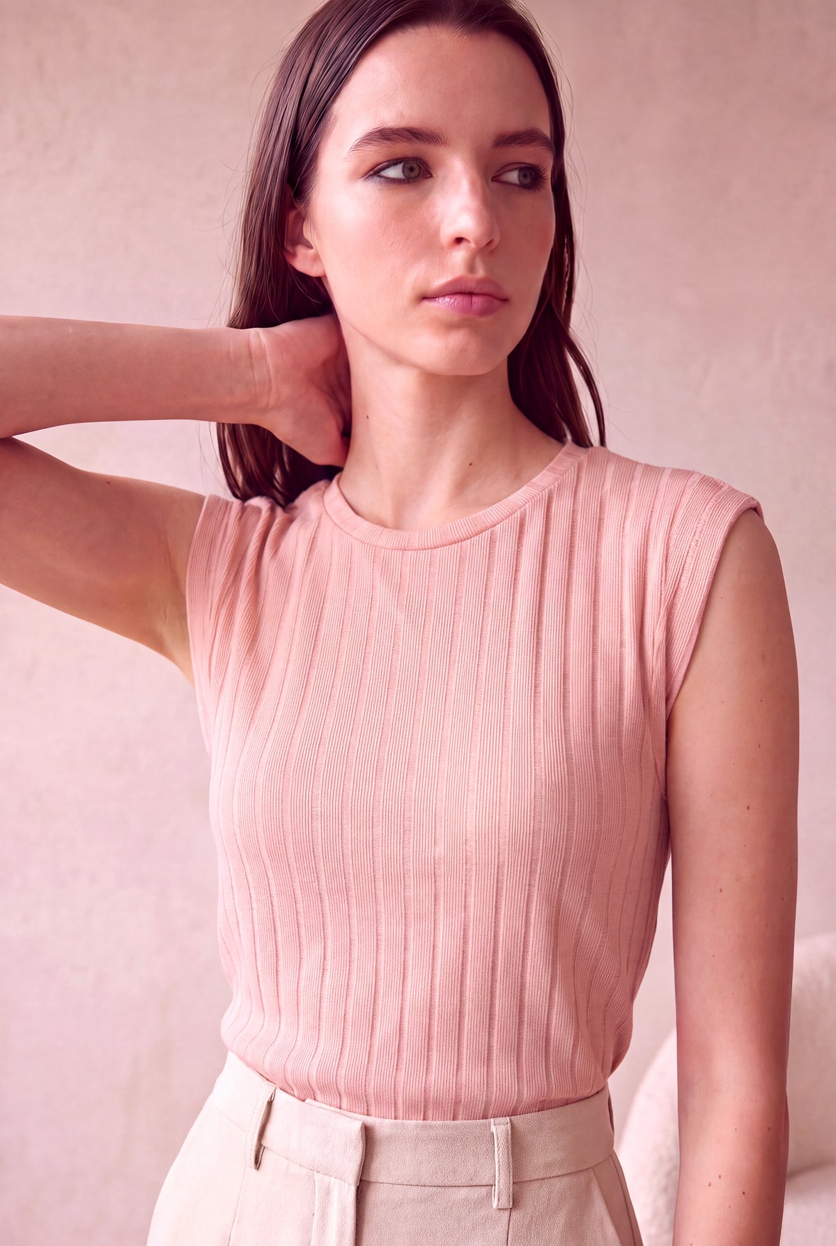 Kadın Viskon Karışımlı Fitilli Dokulu Pembe Kısa Kollu Bisiklet Yaka T-Shirt HEDVIG