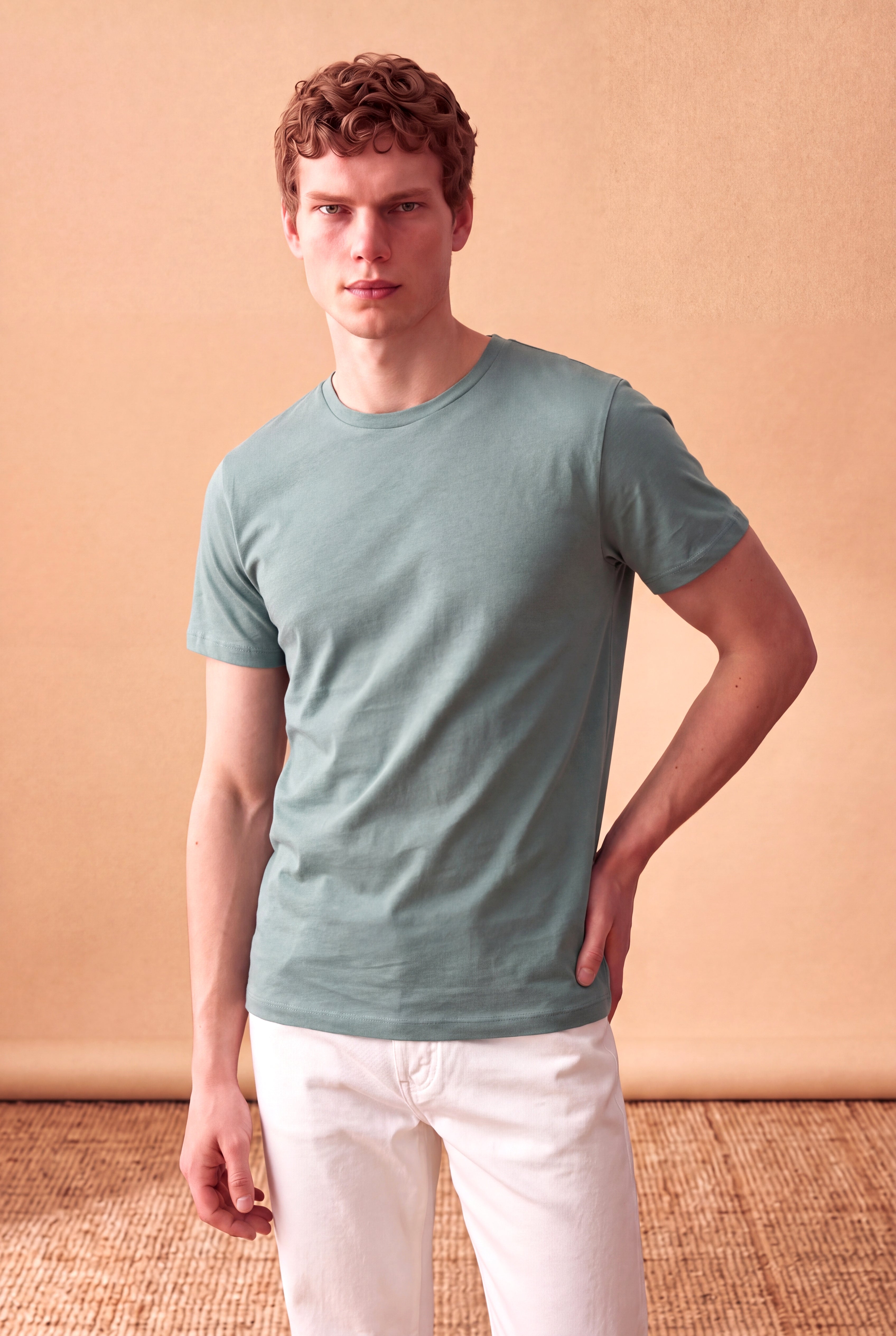 Erkek %100 Pamuk Duman Mavisi Kısa Kollu Bisiklet Yaka Basic T-Shirt OLAV