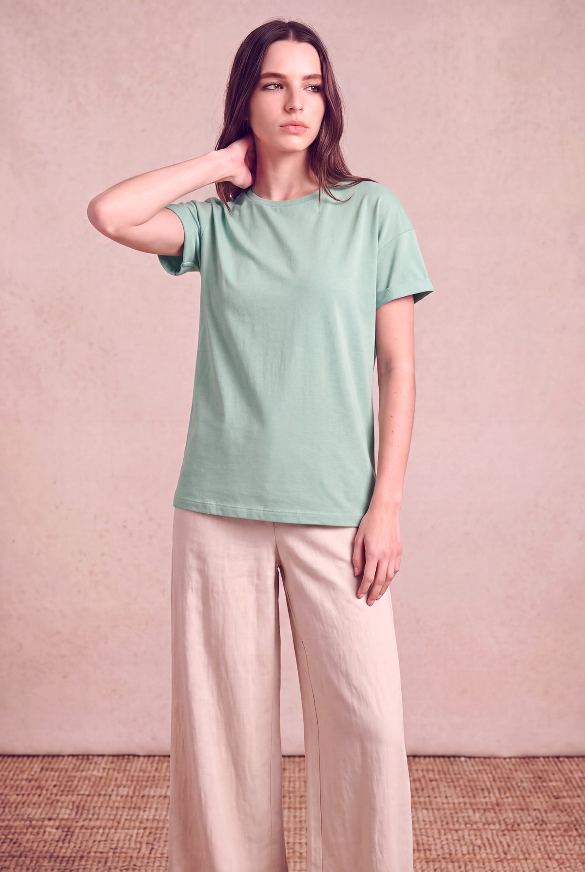 Kadın Modal / Pamuk Yeşil-Gri Katlamalı Kısa Kol Detaylı Düşük Omuz Bisiklet Yaka T-Shirt PALMA