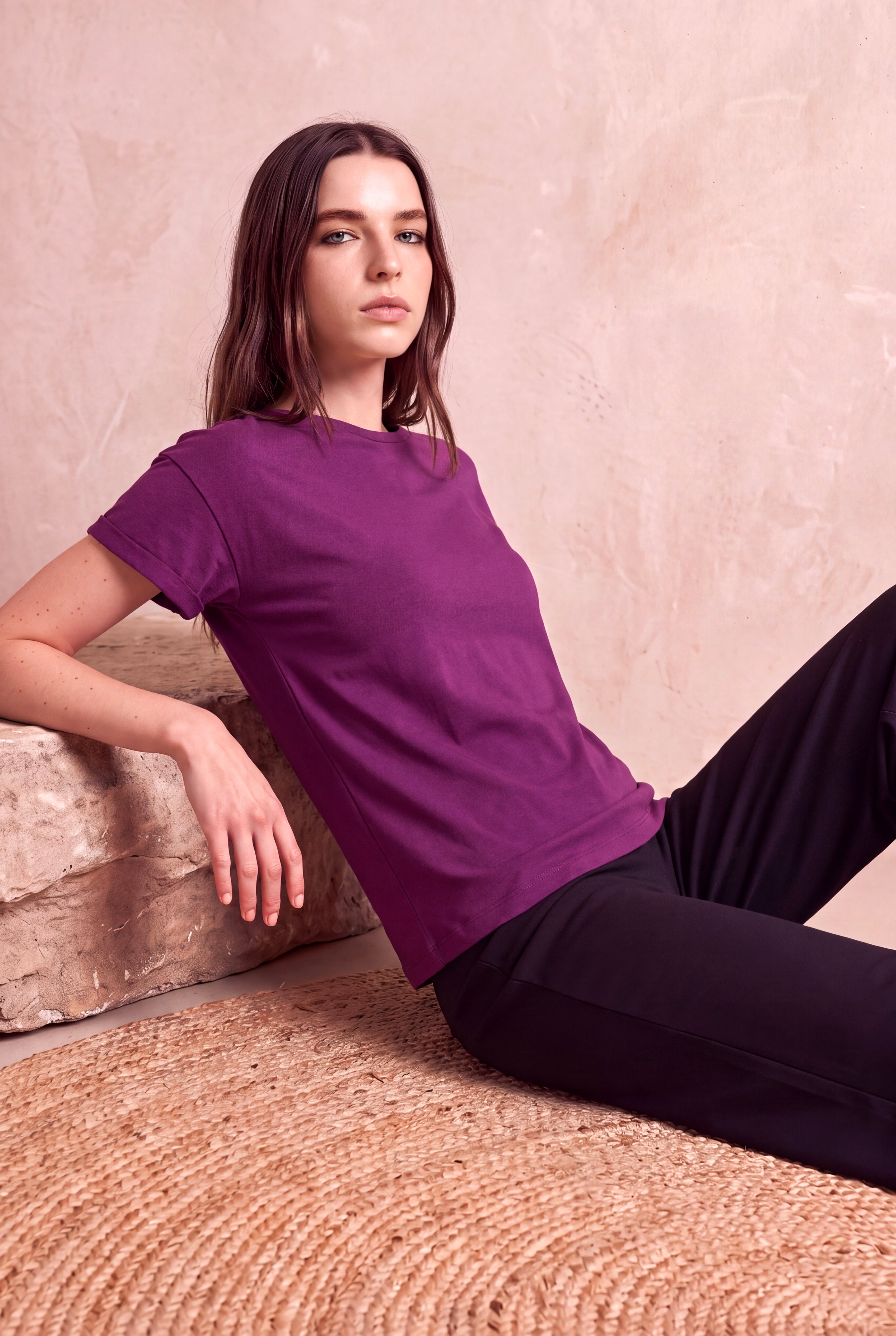 Kadın Modal / Pamuk Mor Katlamalı Kısa Kol Detaylı Düşük Omuz Bisiklet Yaka T-Shirt PALMA