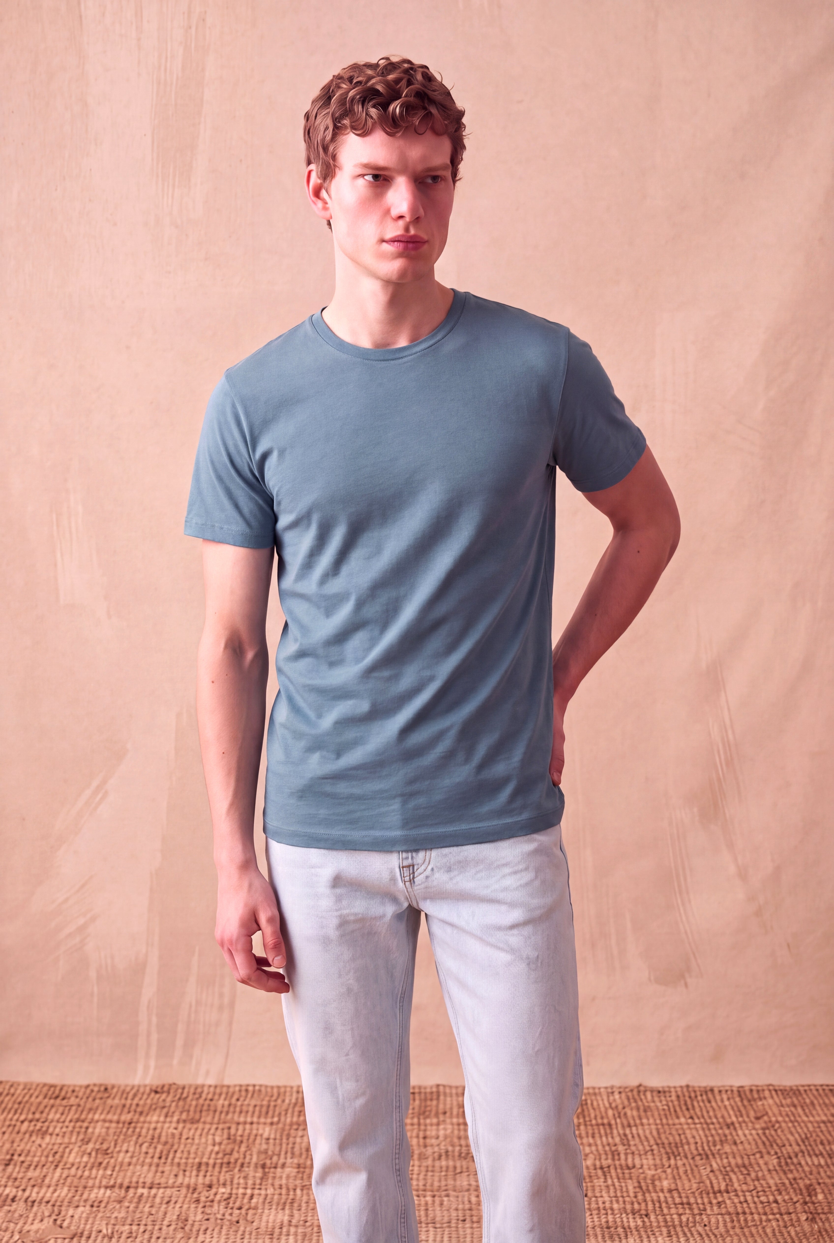Erkek %100 Pamuk Taş Mavisi Kısa Kollu Bisiklet Yaka Basic T-Shirt OLAV