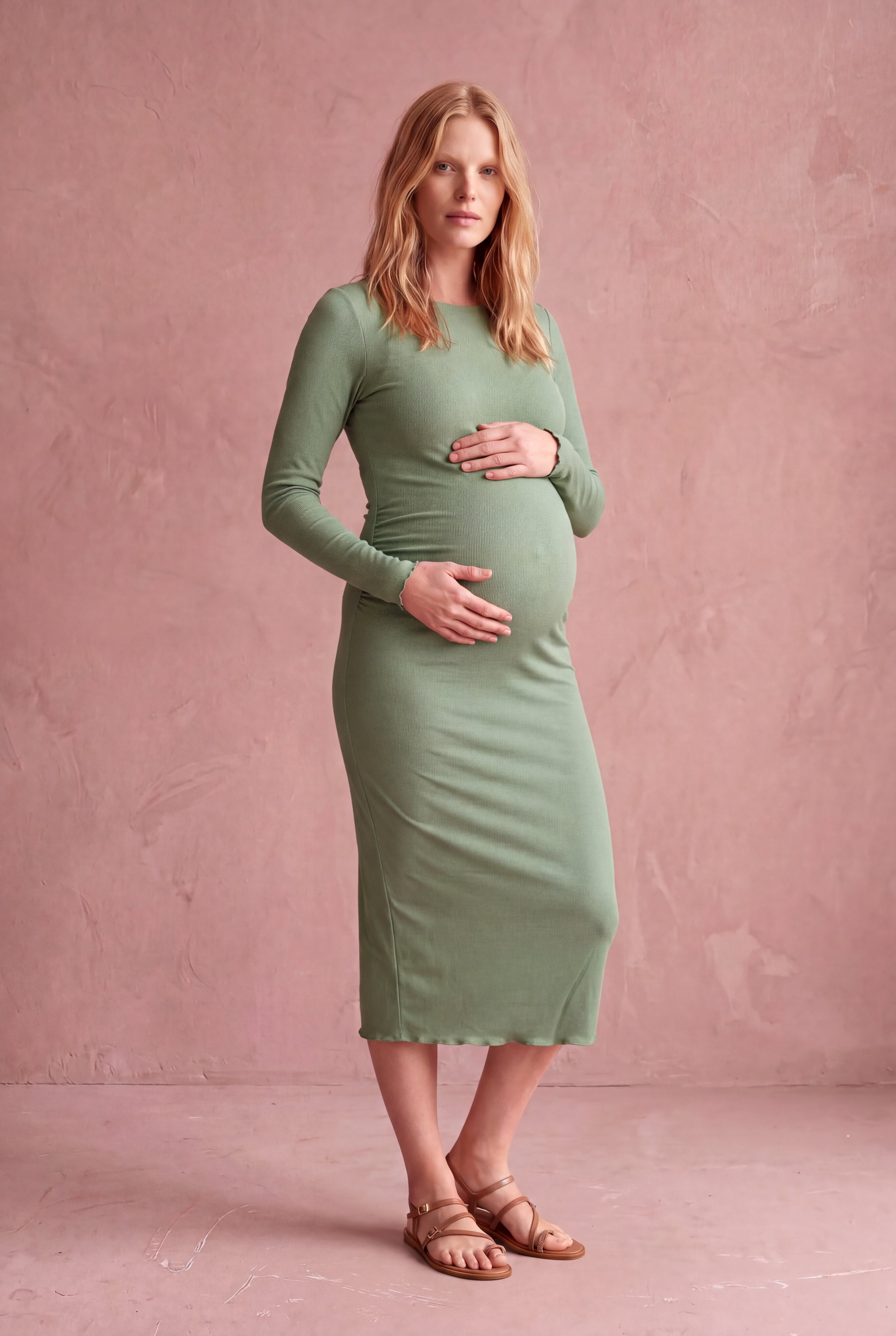 Hamile Haki Yeşil Ribana Kayık Yaka Uzun Kollu Baby Overlock Detaylı Midi Elbise FLORENCE