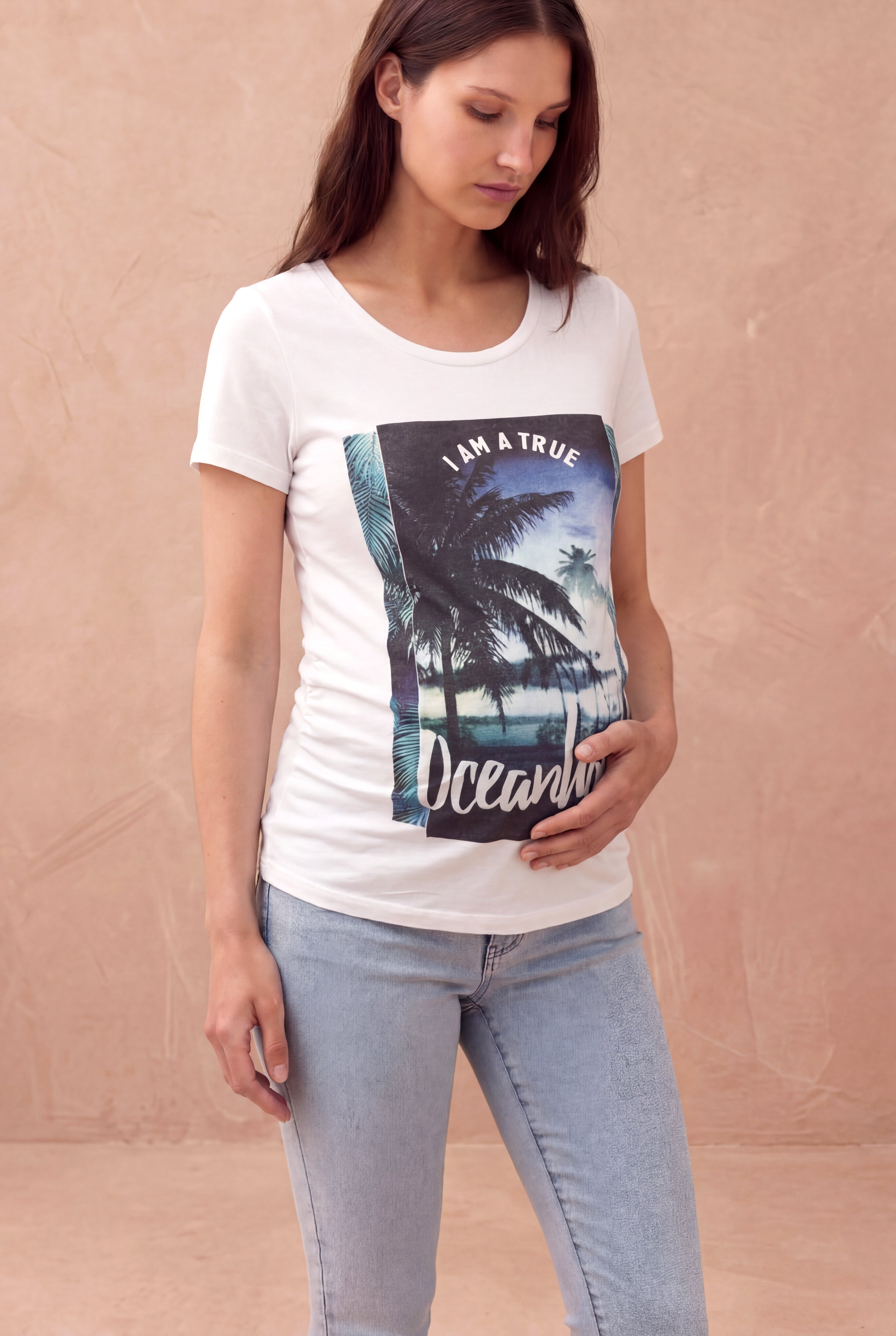 Hamile Ekru Bisiklet Yaka Baskılı T-Shirt BELLA
