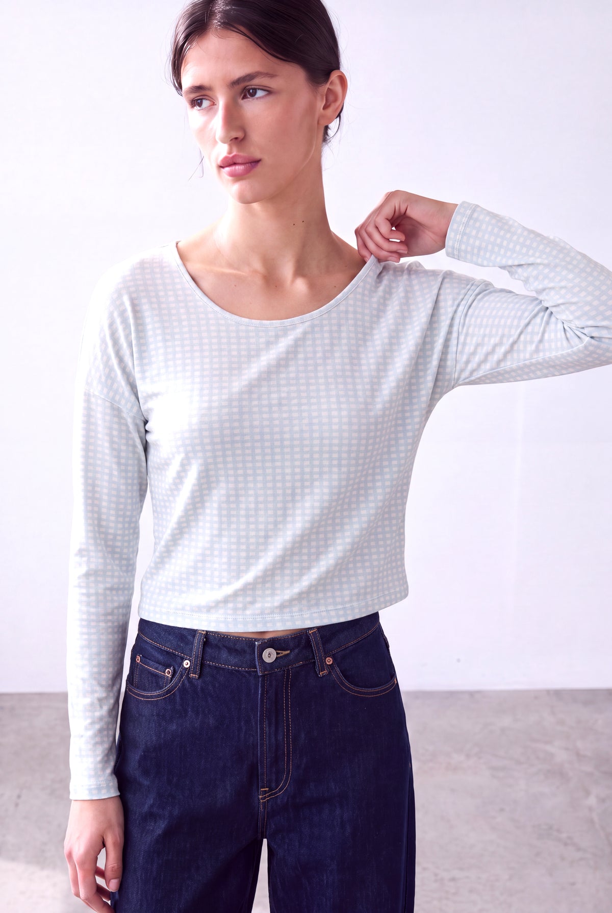 Açık Yeşil Kadın Açık Yeşil Viskon Bisiklet Yaka Uzun Kollu Pötikare Baskılı Bluz GIGI - Top - Westmark London EU(TR) Store Organik Pamuklu Sürdürülebilir Moda
