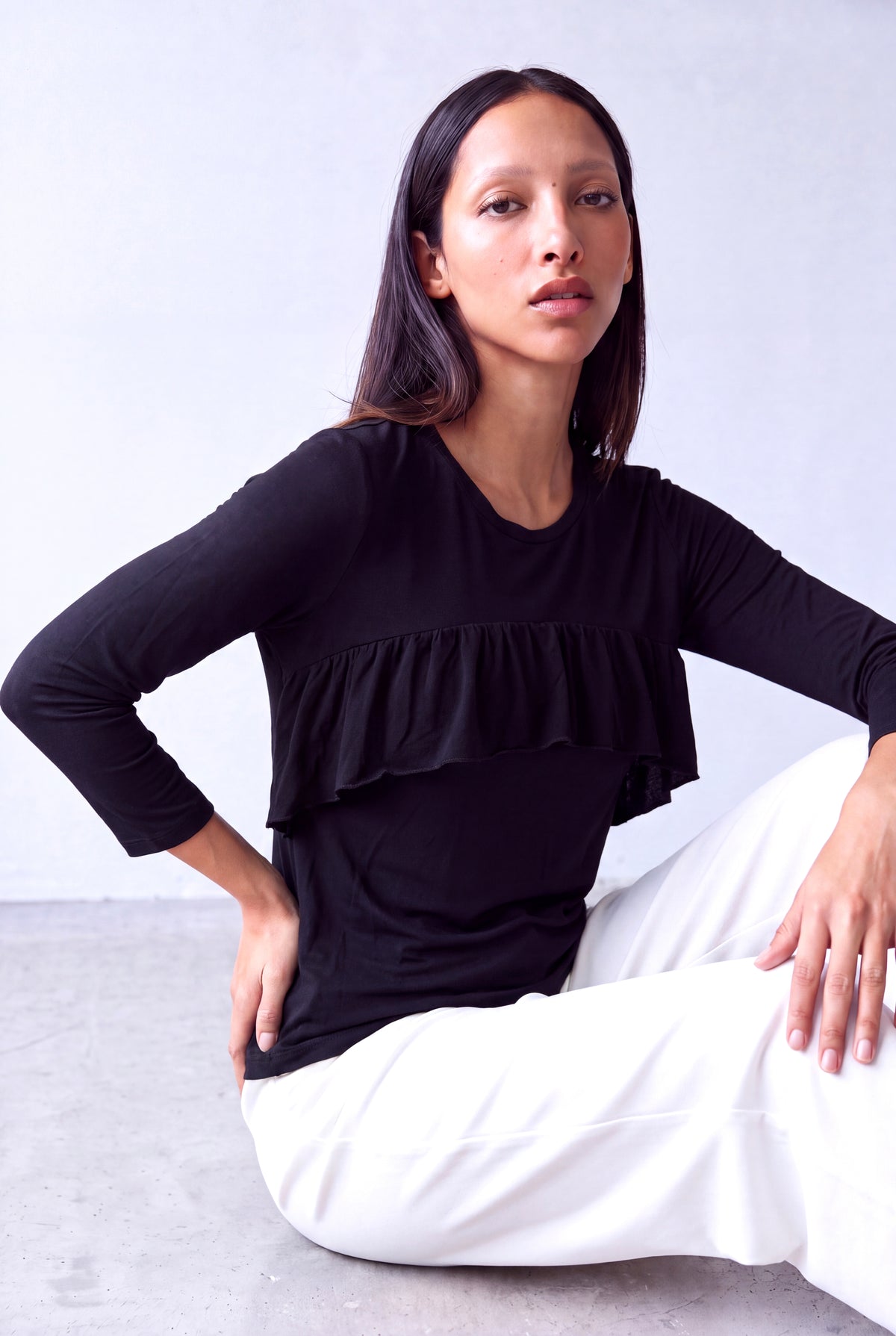 Siyah Kadın Siyah Viskon Bisiklet Yaka 3/4 Kol Volanlı Bluz ZANE - Top - Westmark London EU(TR) Store Organik Pamuklu Sürdürülebilir Moda
