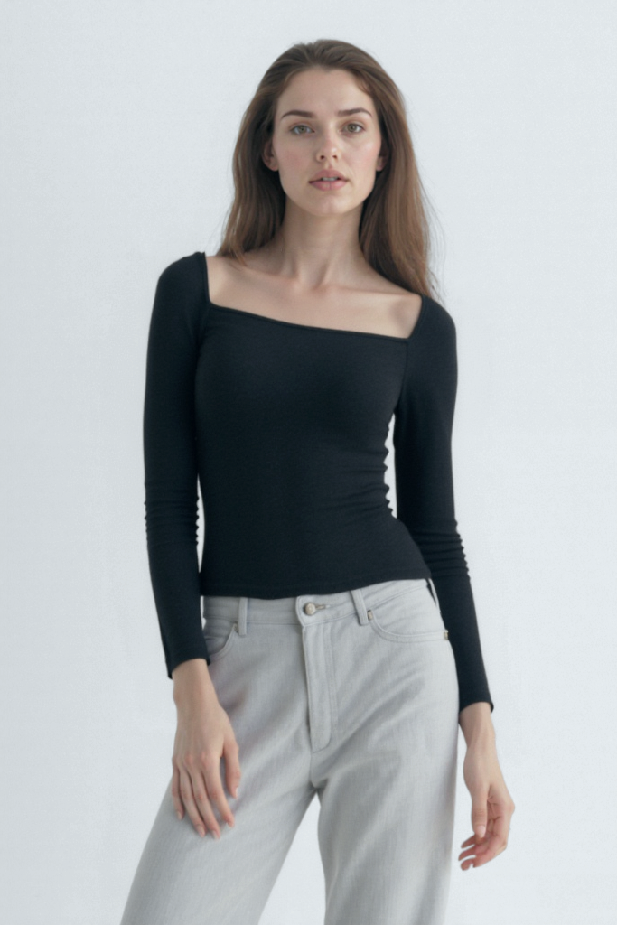 Siyah Melanj Kare Yaka Uzun Kollu Kadın Crop Body CECILIA CROP TOP - Blouse - Westmark London EU(TR) Store Organik Pamuklu Sürdürülebilir Moda