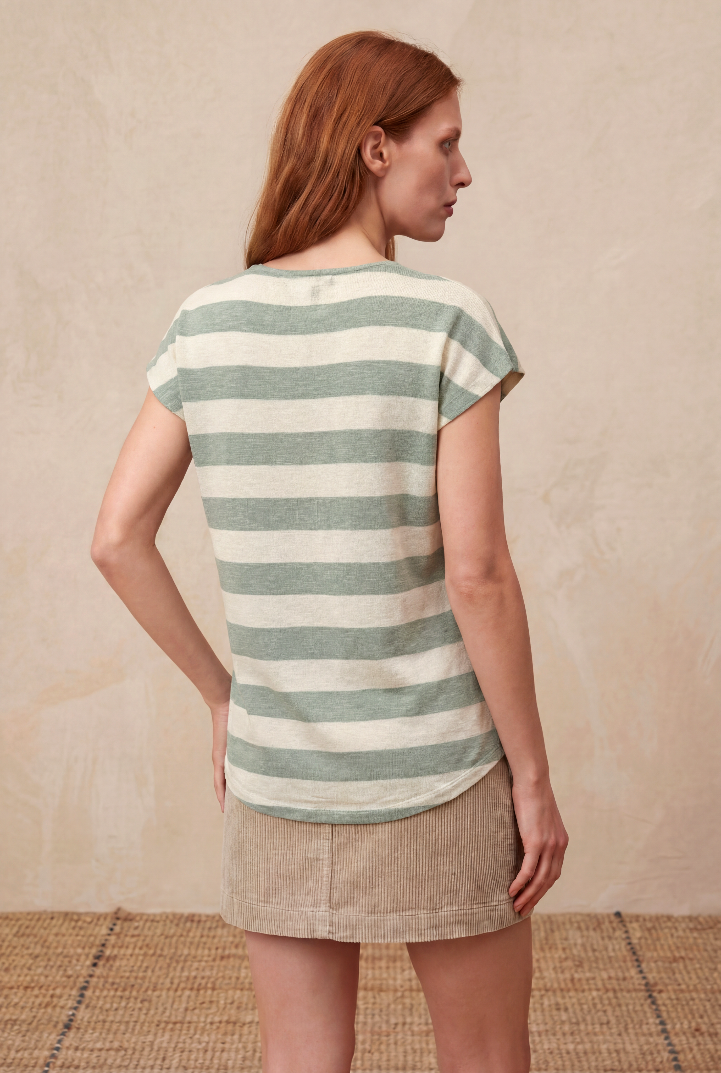 Kadın Regular Fit Bisiklet Yaka Kısa Kol Ekru / Dark Yeşil Çizgili Viskon / Elastan T-Shirt WILDA - Top - Westmark London EU(TR) Store Organik Pamuklu Sürdürülebilir Moda