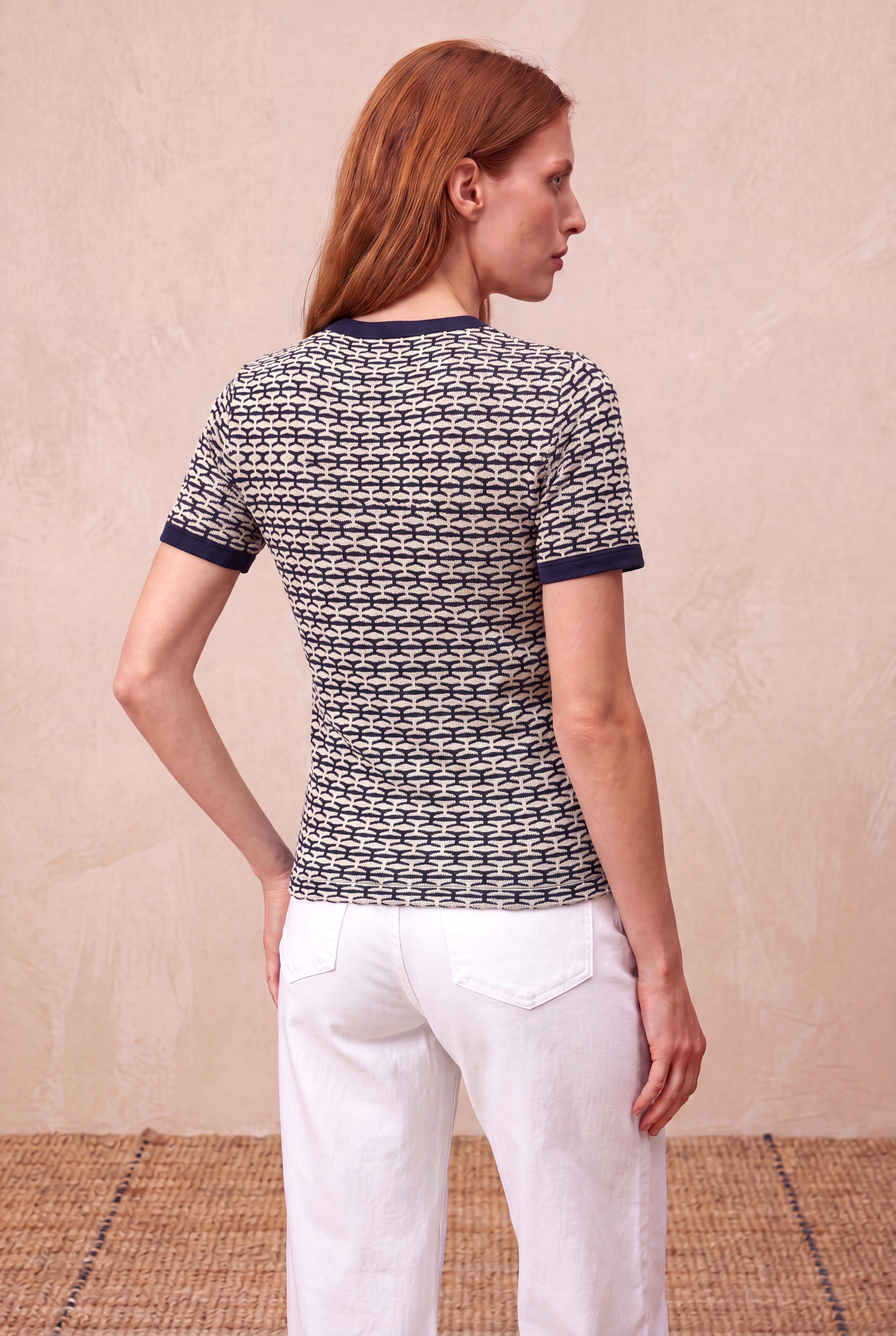 Kadın Lacivert Desenli Pamuklu Örme Bisiklet Yaka Kısa Kollu T-Shirt CATARINA