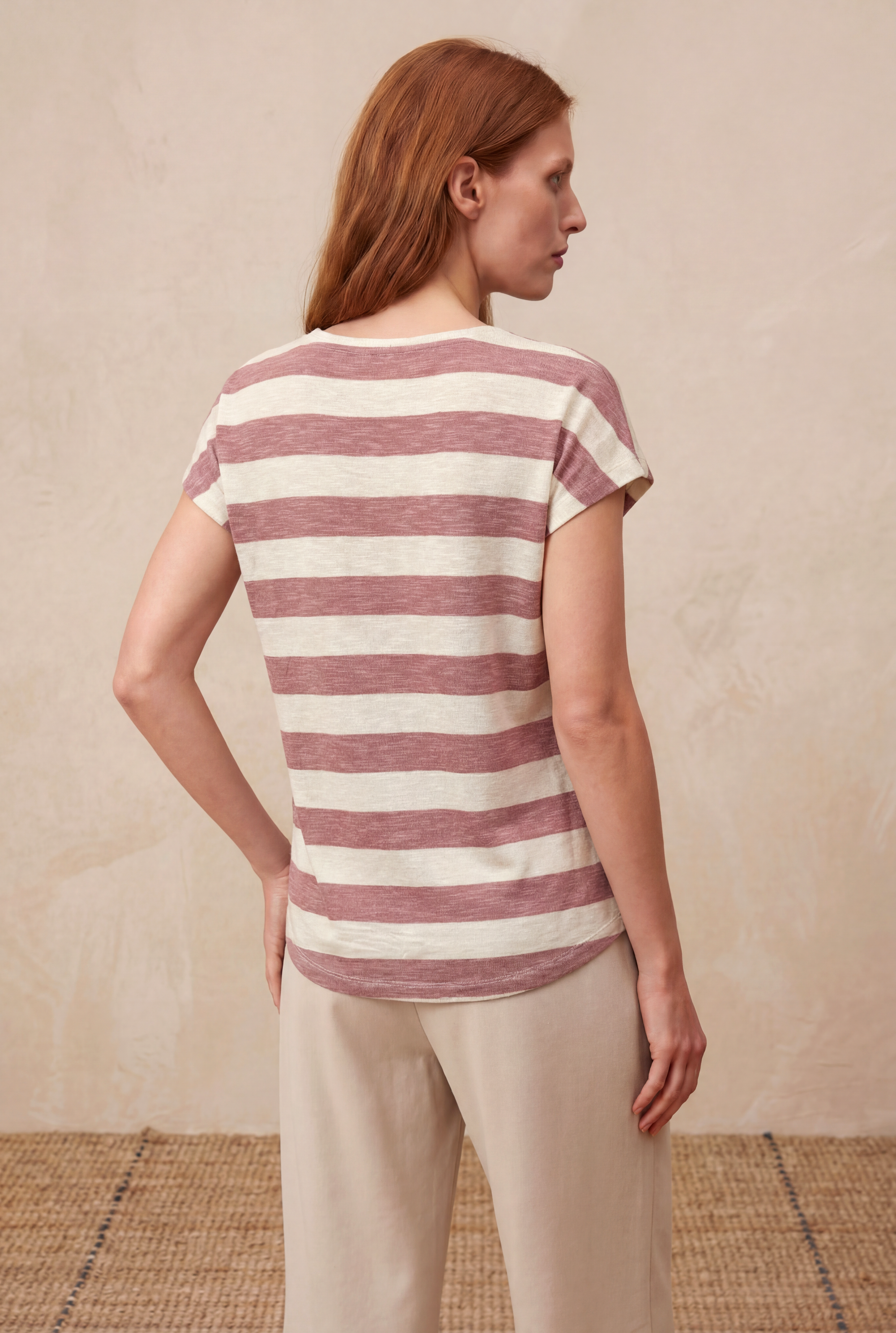 Kadın Regular Fit Bisiklet Yaka Kısa Kol Ekru / Gül Kurusu Çizgili Viskon / Elastan T-Shirt WILDA - Top - Westmark London EU(TR) Store Organik Pamuklu Sürdürülebilir Moda