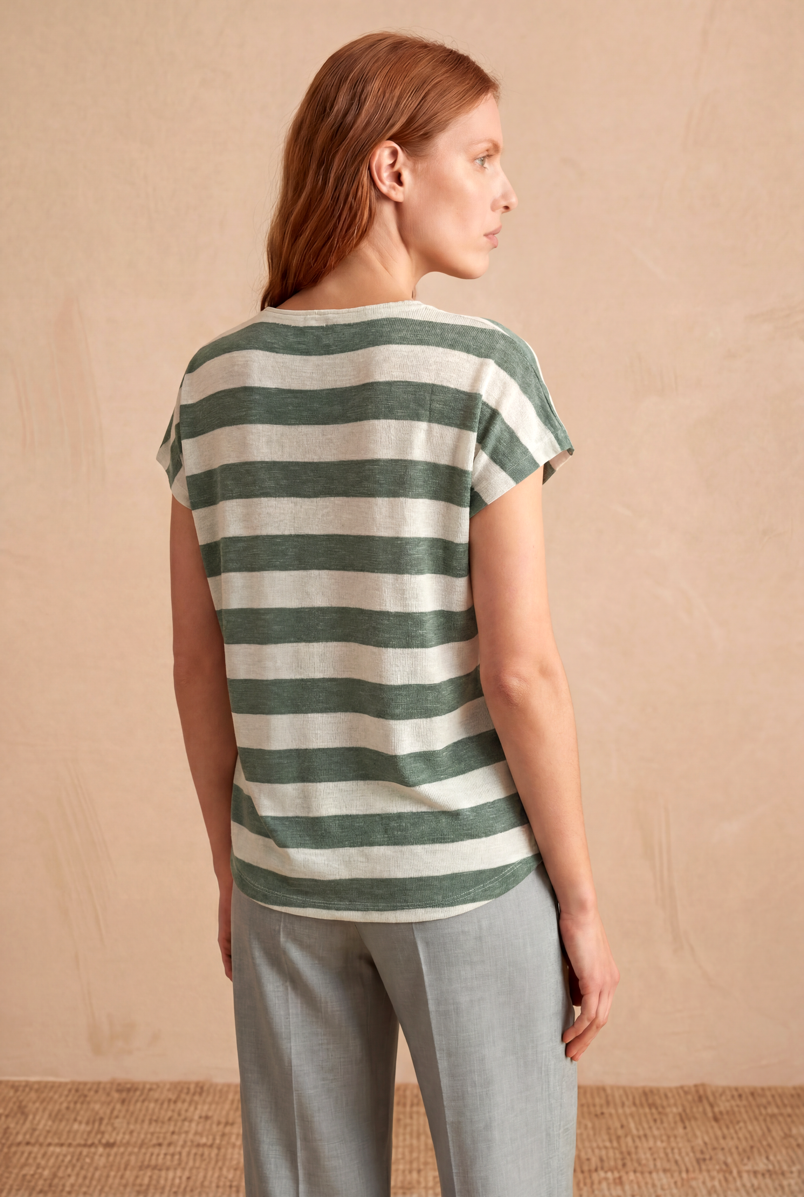 Kadın Regular Fit Bisiklet Yaka Kısa Kol Ekru / Defne Yeşili Çizgili Viskon / Elastan T-Shirt WILDA - Top - Westmark London EU(TR) Store Organik Pamuklu Sürdürülebilir Moda