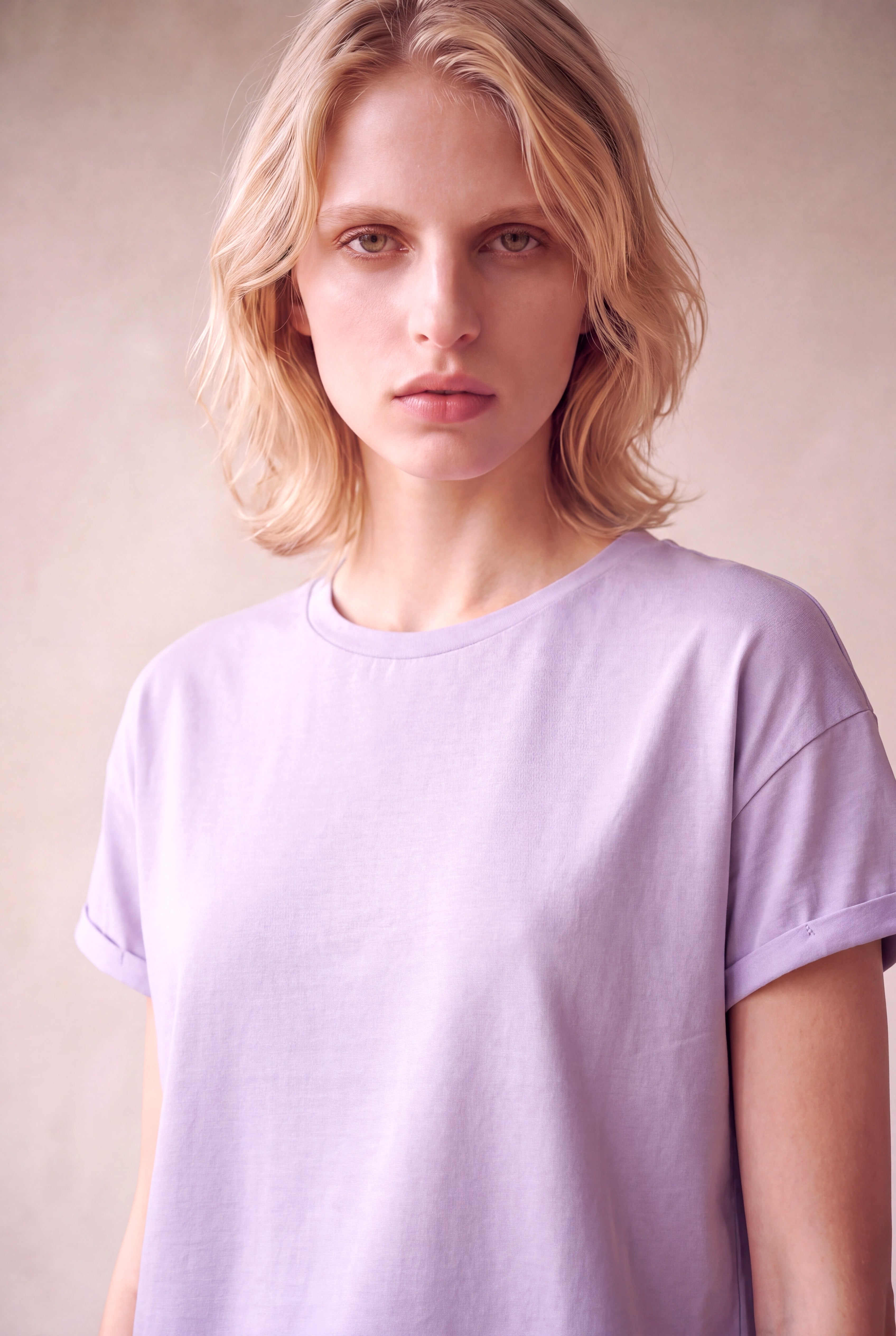 Kadın Modal / Pamuk Pastel Lila Katlamalı Kısa Kol Detaylı Düşük Omuz Bisiklet Yaka T-Shirt PALMA