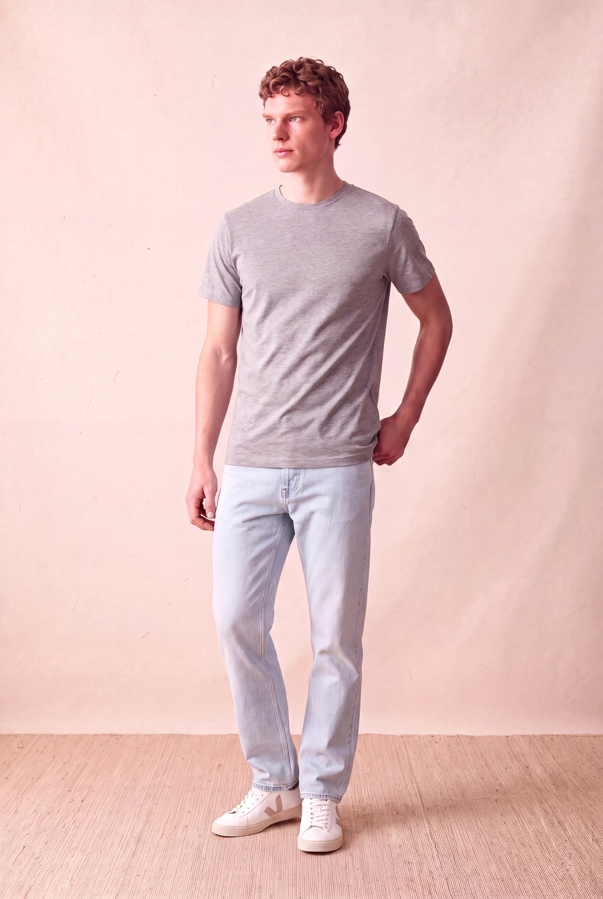 Erkek Viskon Karışımlı Açık Gri Kısa Kollu Bisiklet Yaka Basic T-Shirt OLAV