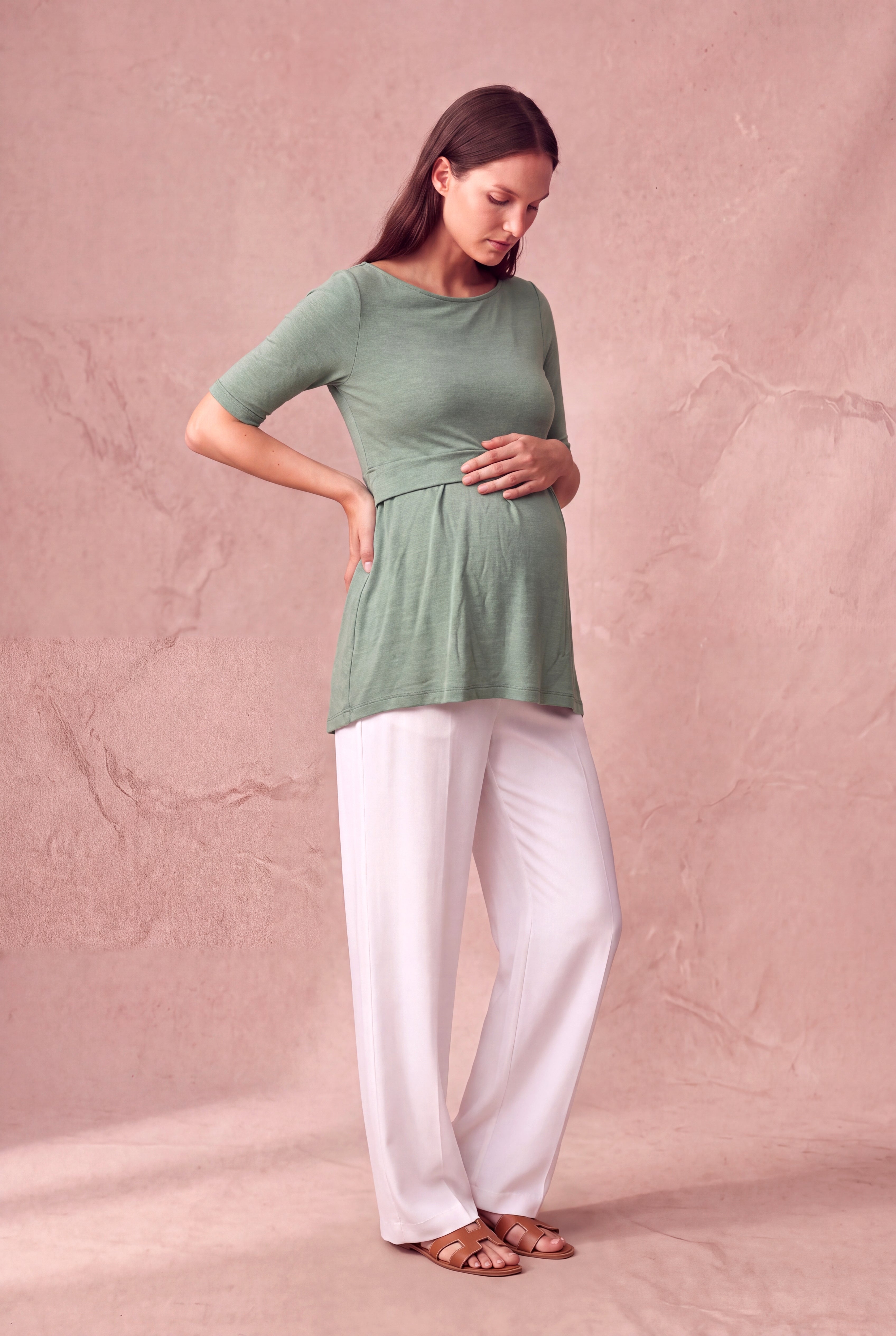 Hamile Lohusa Viskonlu Yeşil Melanj Yarım Kollu Bisiklet Yaka Emzirme Fonksiyonlu Bluz ALIVIA