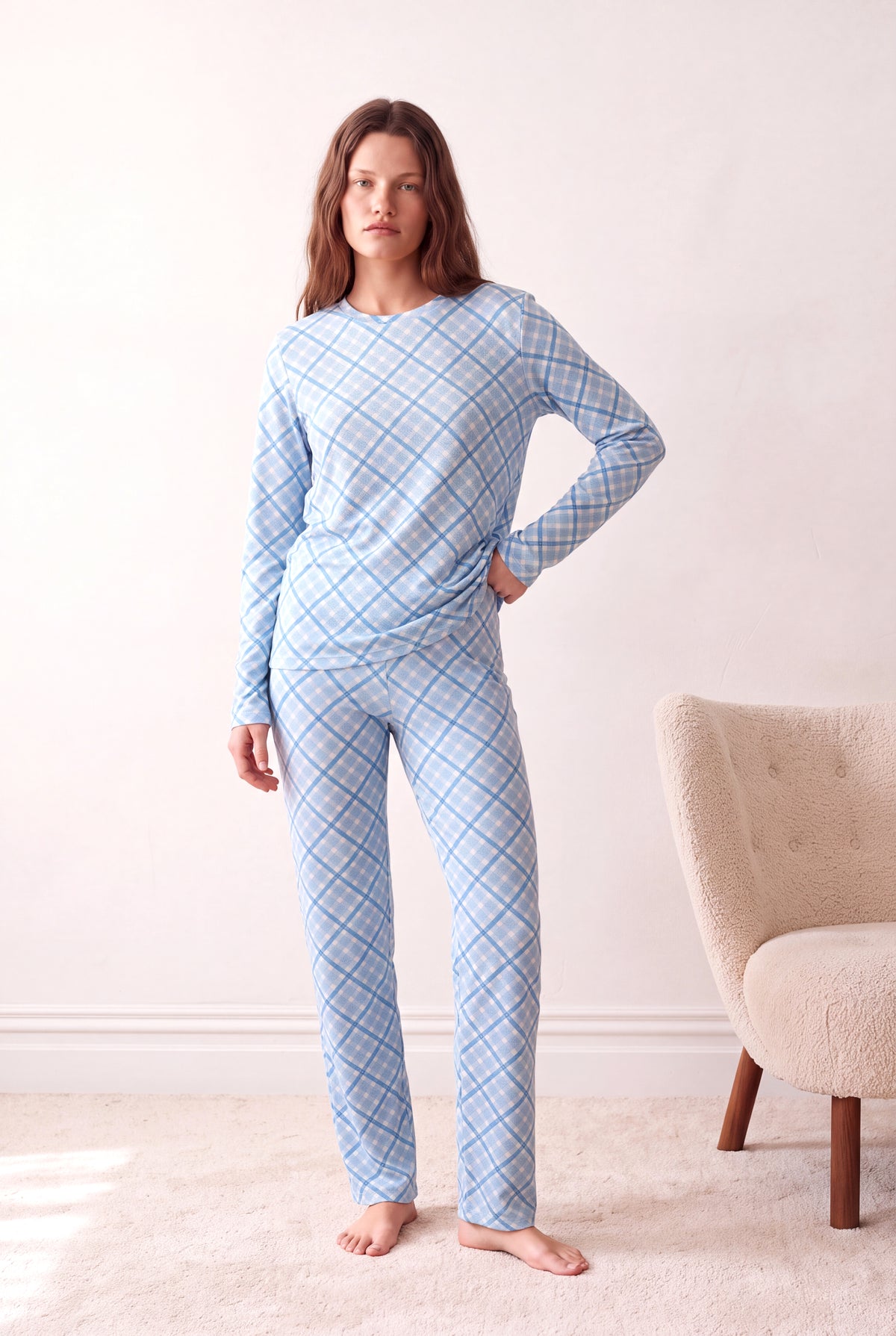 Kadın %100 Pamuk Ribana Mavi Ekose Desenli Uzun Kollu Bisiklet Yaka Uzun Altlı Pijama Takım PJJANE