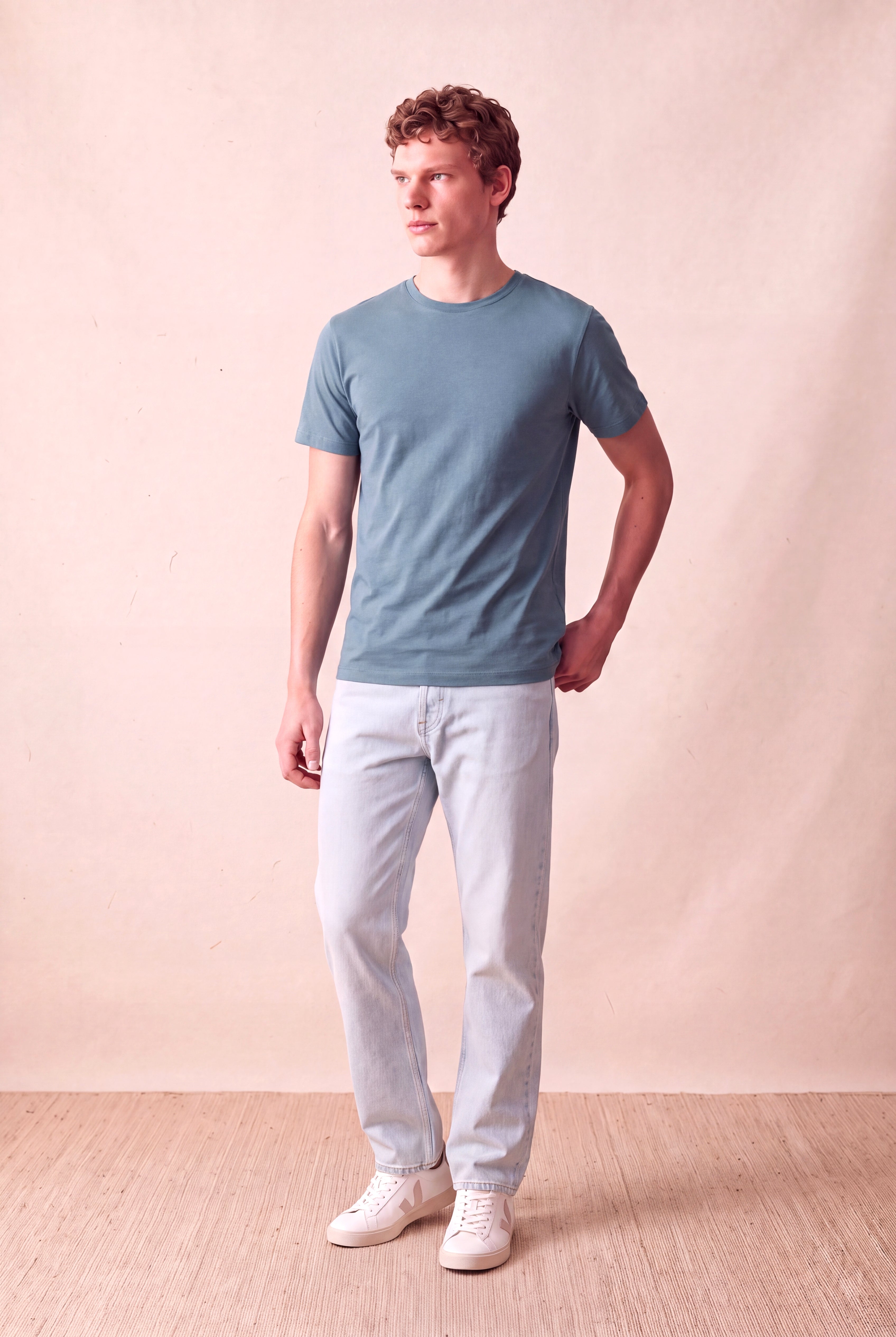 Erkek %100 Pamuk Taş Mavisi Kısa Kollu Bisiklet Yaka Basic T-Shirt OLAV