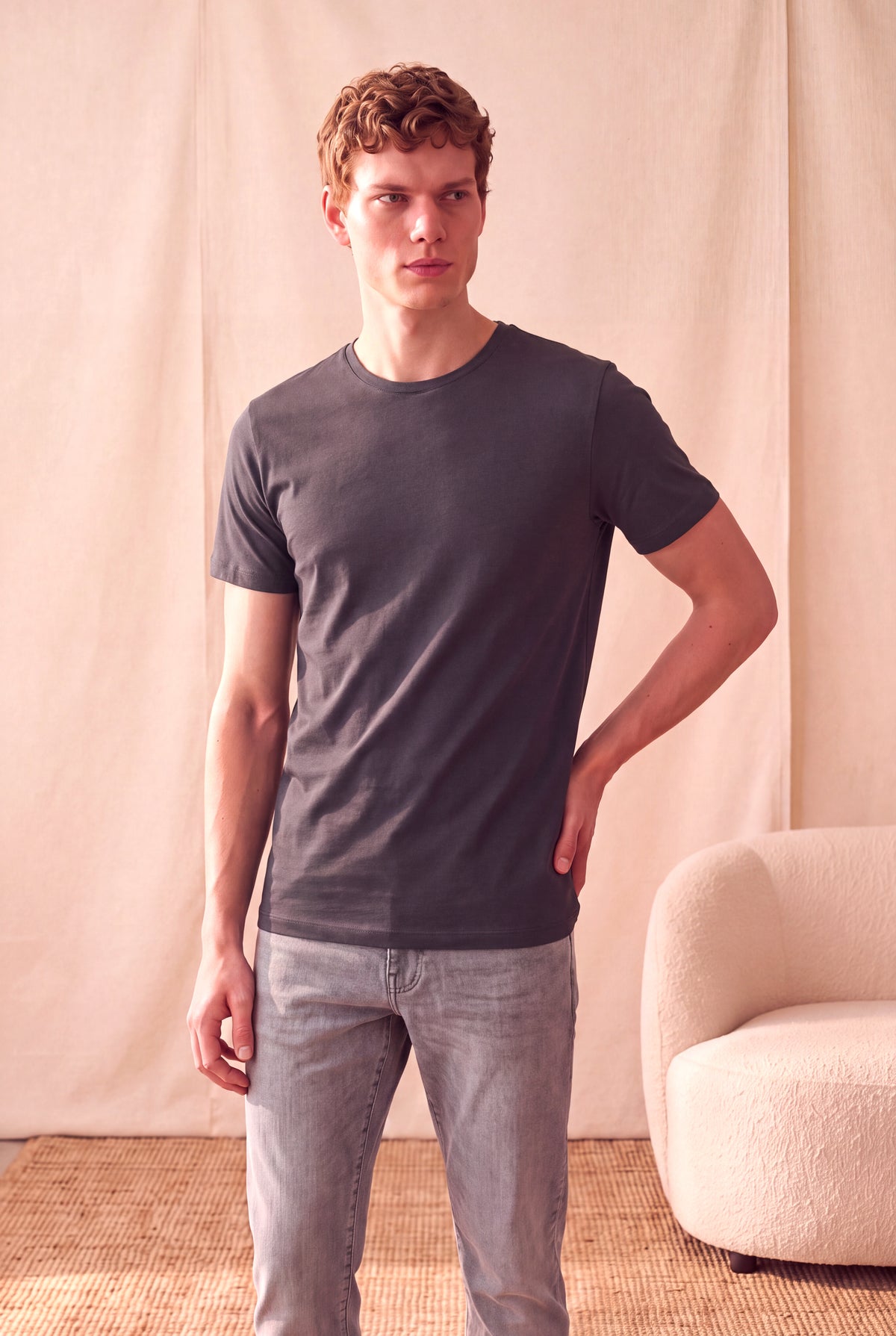 Erkek %100 Pamuk Asfalt Füme Kısa Kollu Bisiklet Yaka Basic T-Shirt OLAV