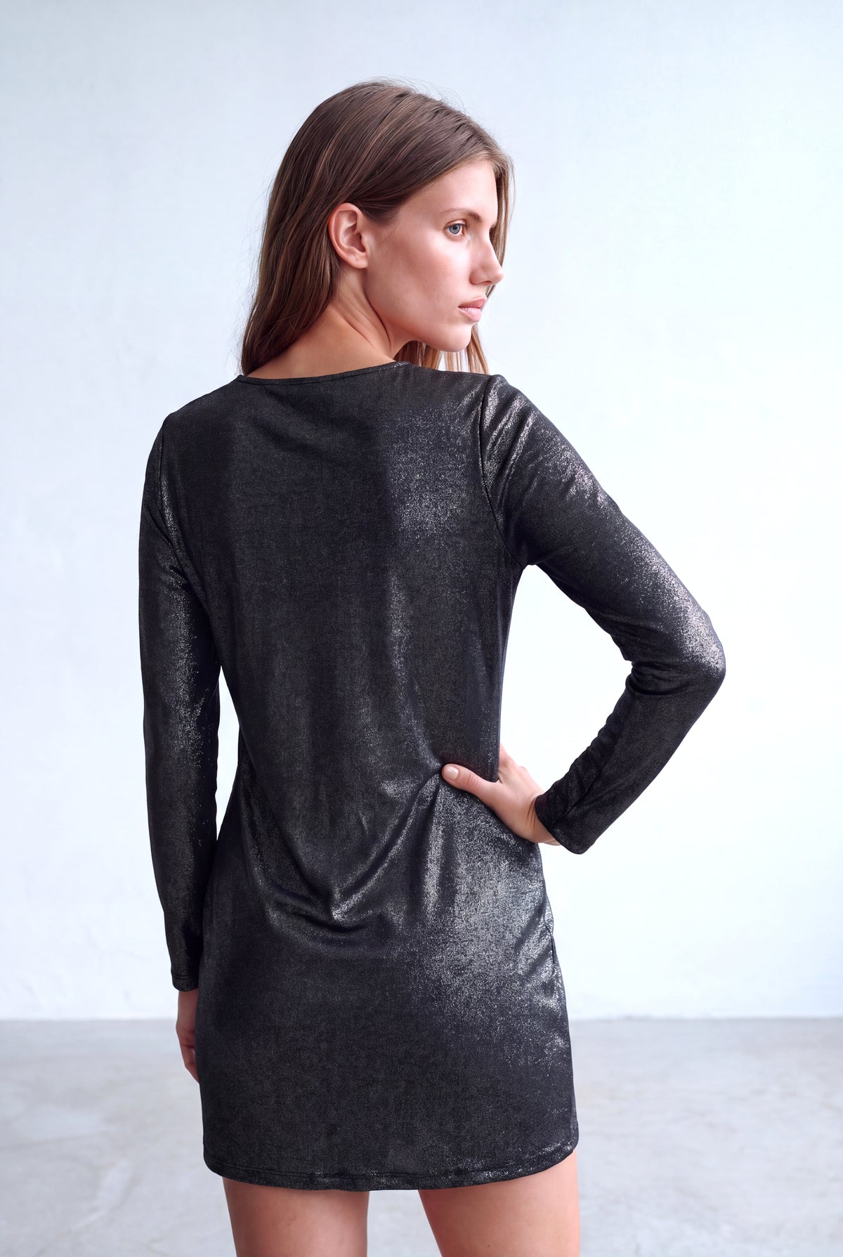 Siyah/Gri Simli Kadın Siyah/Gri Simli Geniş Bisiklet Yaka Uzun Kollu Oval Kesim Etekli Elbise CROIA - Dress - Westmark London EU(TR) Store Organik Pamuklu Sürdürülebilir Moda