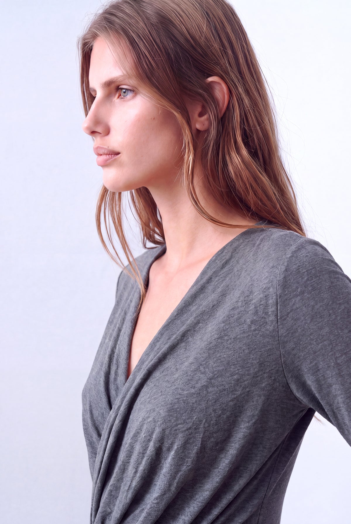 Gri Melanj Kadın Gri Melanj Viskon Karışımlı V Yaka Uzun Kollu Asimetrik Kesim Önü Dökümlü Şal Yaka Arka Uzun Tunik DEMI - Dress - Westmark London EU(TR) Store Organik Pamuklu Sürdürülebilir Moda