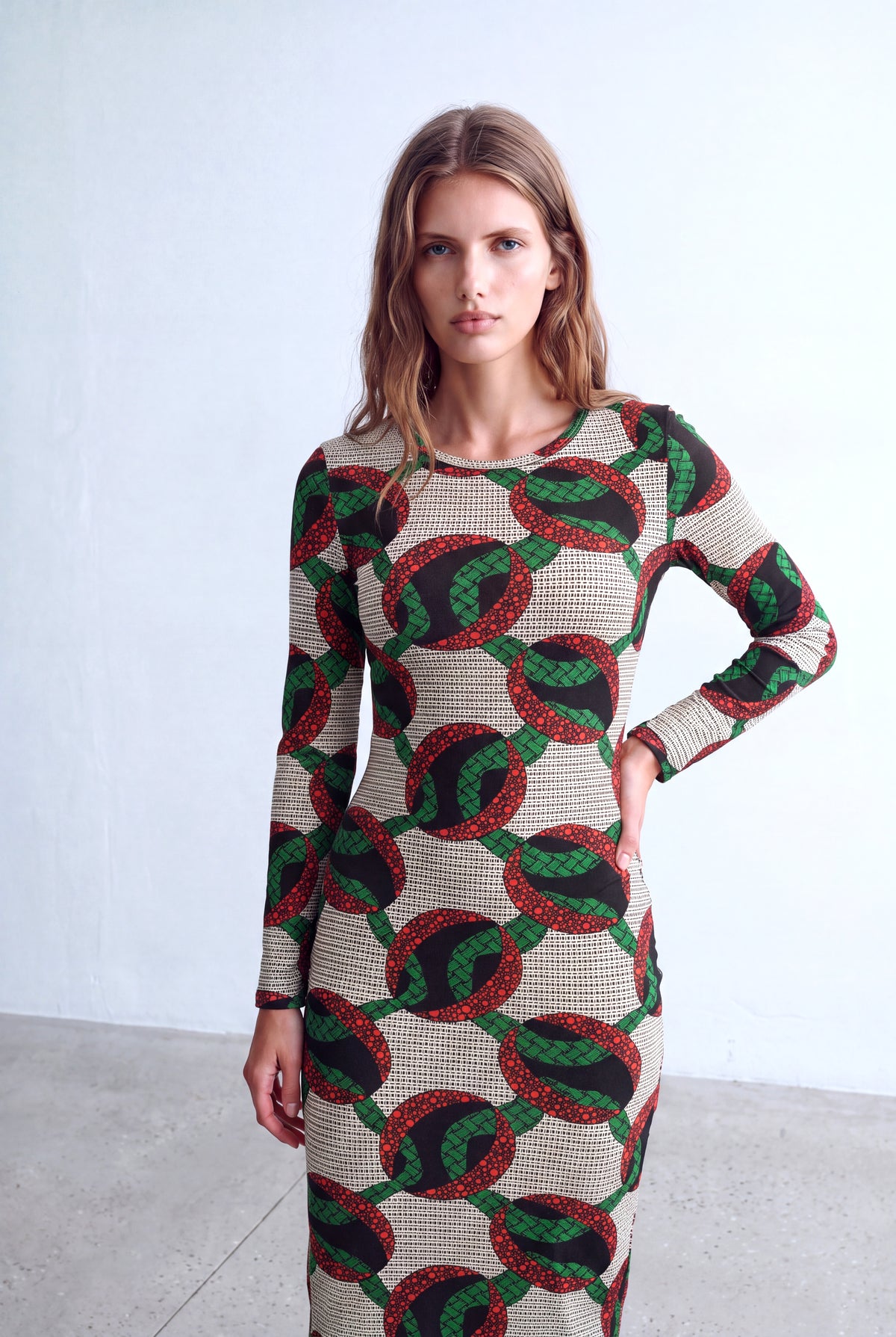 Beyaz Baskılı Kadın Beyaz Baskılı Esnek Dokulu Bisiklet Yaka Uzun Kollu Elbise STELLA - Dress - Westmark London EU(TR) Store Organik Pamuklu Sürdürülebilir Moda