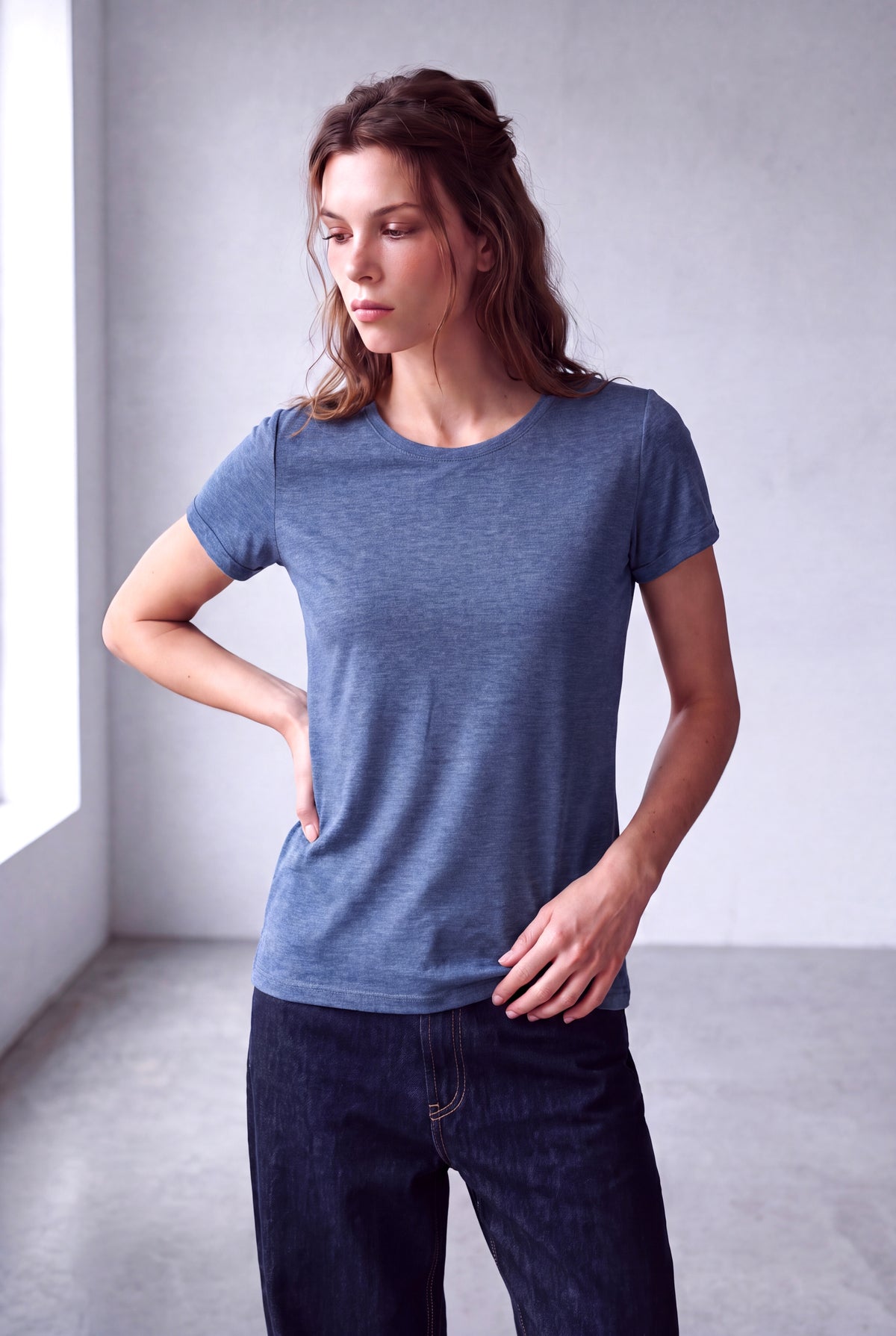 Mavi Melanj Görünümlü Kadın Mavi Melanj Görünümlü Viskon Karışımlı Bisiklet Yaka Kısa Kollu T-Shirt SUZANNE - Top - Westmark London EU(TR) Store Organik Pamuklu Sürdürülebilir Moda