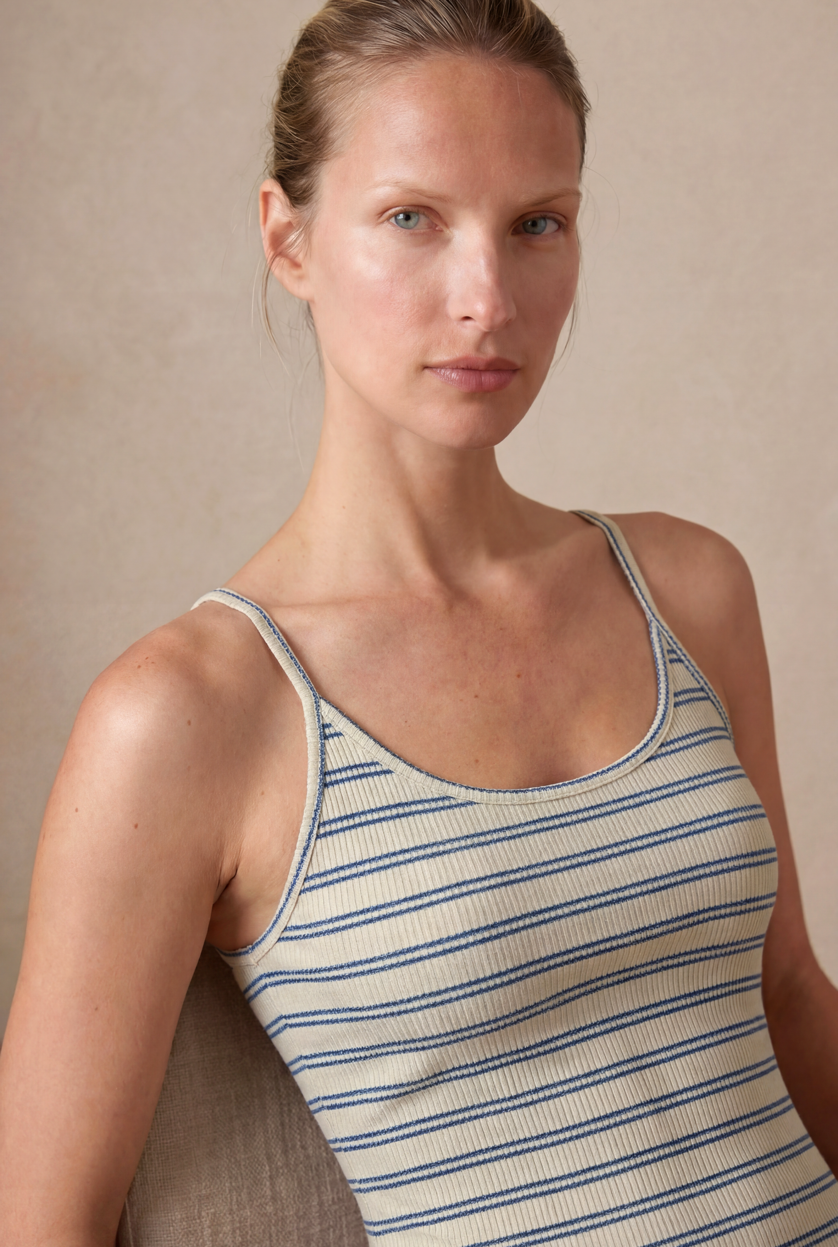 Kadın Slim Fit Askılı Ekru, Mavi Çizgili Pamuklu Fitilli Ribana Midi Elbise SILVIA - Dress - Westmark London EU(TR) Store Organik Pamuklu Sürdürülebilir Moda