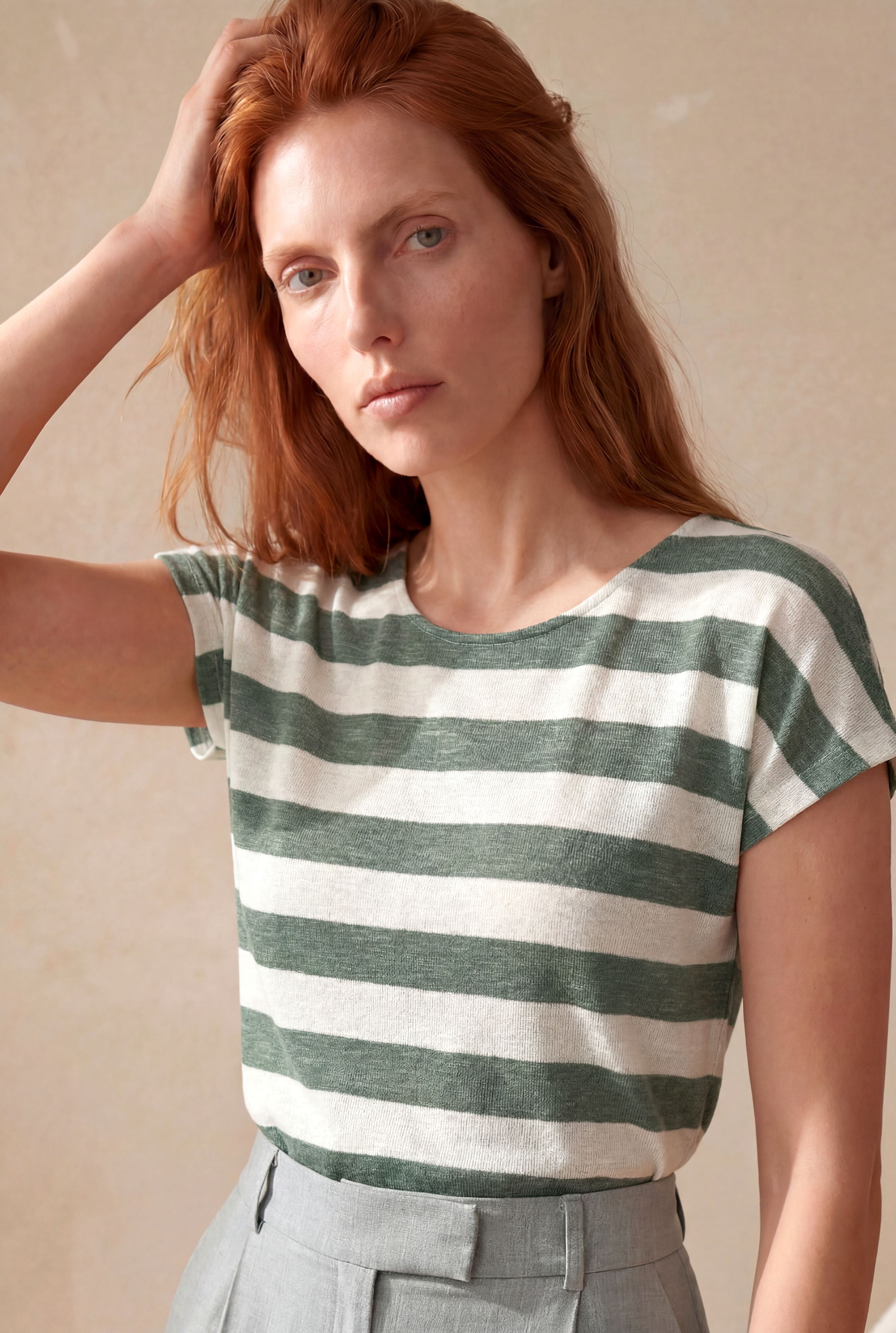 Kadın Regular Fit Bisiklet Yaka Kısa Kol Ekru / Defne Yeşili Çizgili Viskon / Elastan T-Shirt WILDA - Top - Westmark London EU(TR) Store Organik Pamuklu Sürdürülebilir Moda