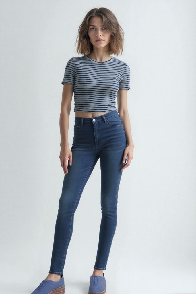 Siyah Gri Çizgili Bisiklet Yaka Kısa Kollu Kadın Crop T-Shirt SANDY S/S TOP