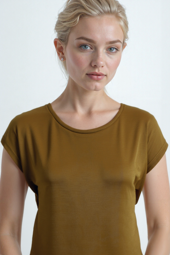 Altın Rengi Bisiklet Yaka Pamuklu Kadın Kısa Kollu T-Shirt BETTY O-NECK TOP