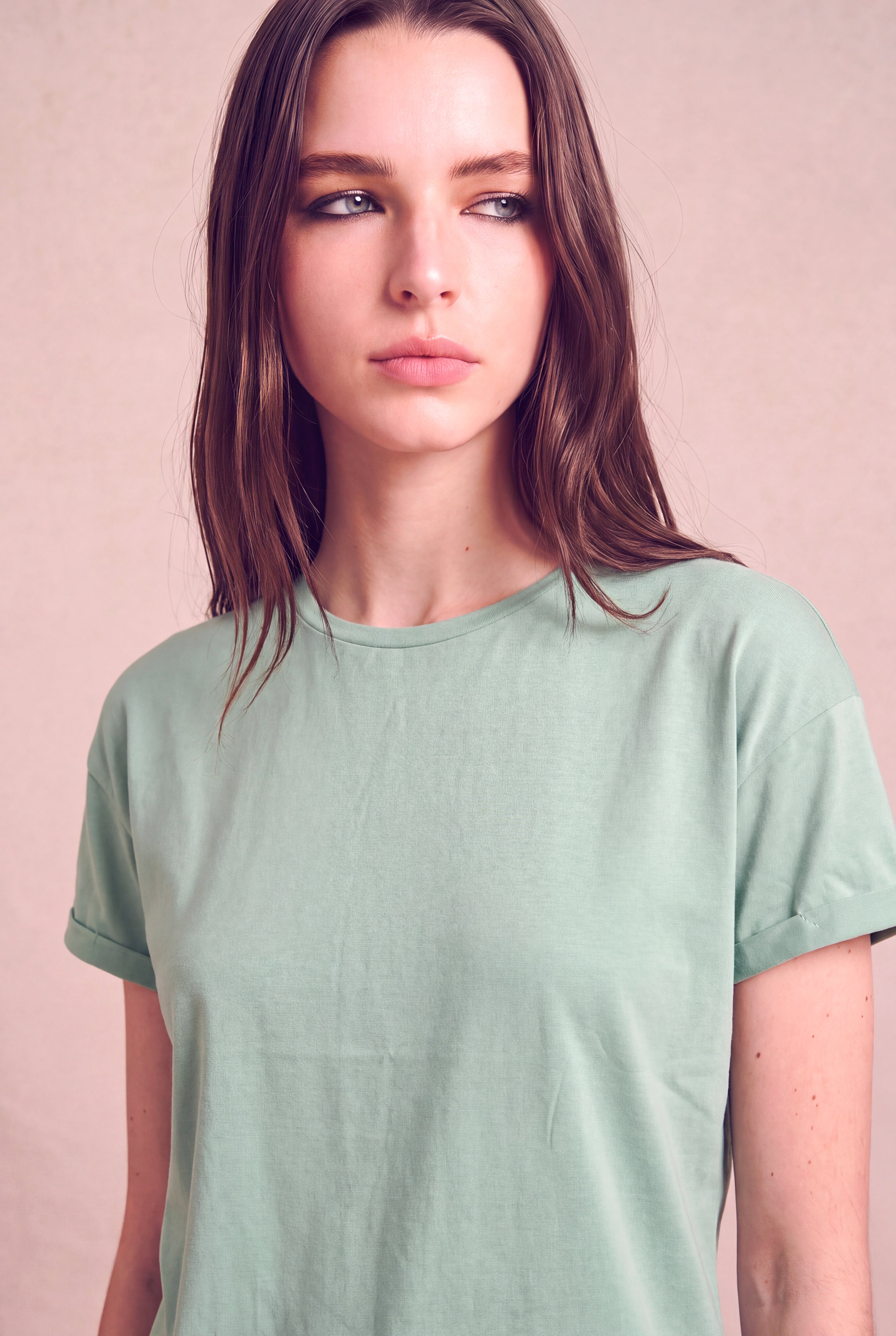 Kadın Modal / Pamuk Yeşil-Gri Katlamalı Kısa Kol Detaylı Düşük Omuz Bisiklet Yaka T-Shirt PALMA