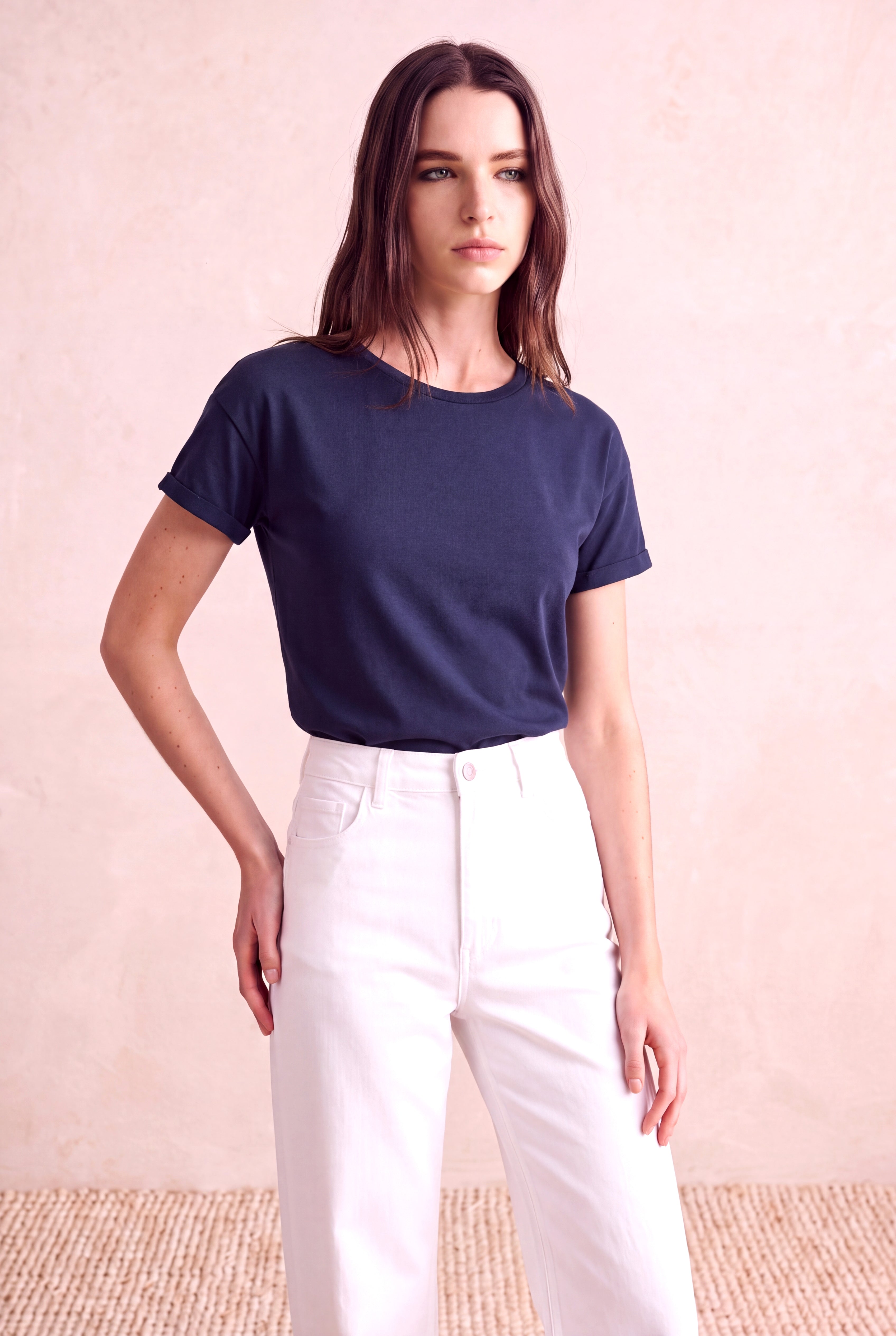 Kadın Modal / Pamuk Koyu Lacivert Katlamalı Kısa Kol Detaylı Düşük Omuz Bisiklet Yaka T-Shirt PALMA