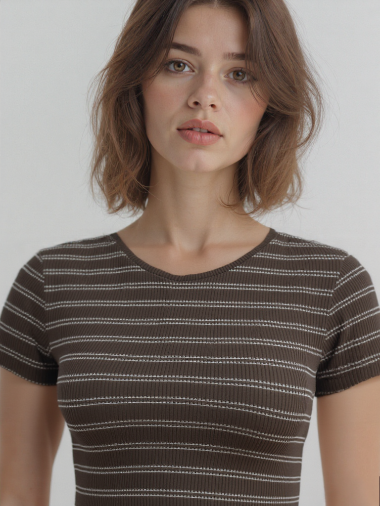 Kahve Bej Çizgili Bisiklet Yaka Kısa Kollu Kadın Crop T-Shirt SANDY S/S TOP