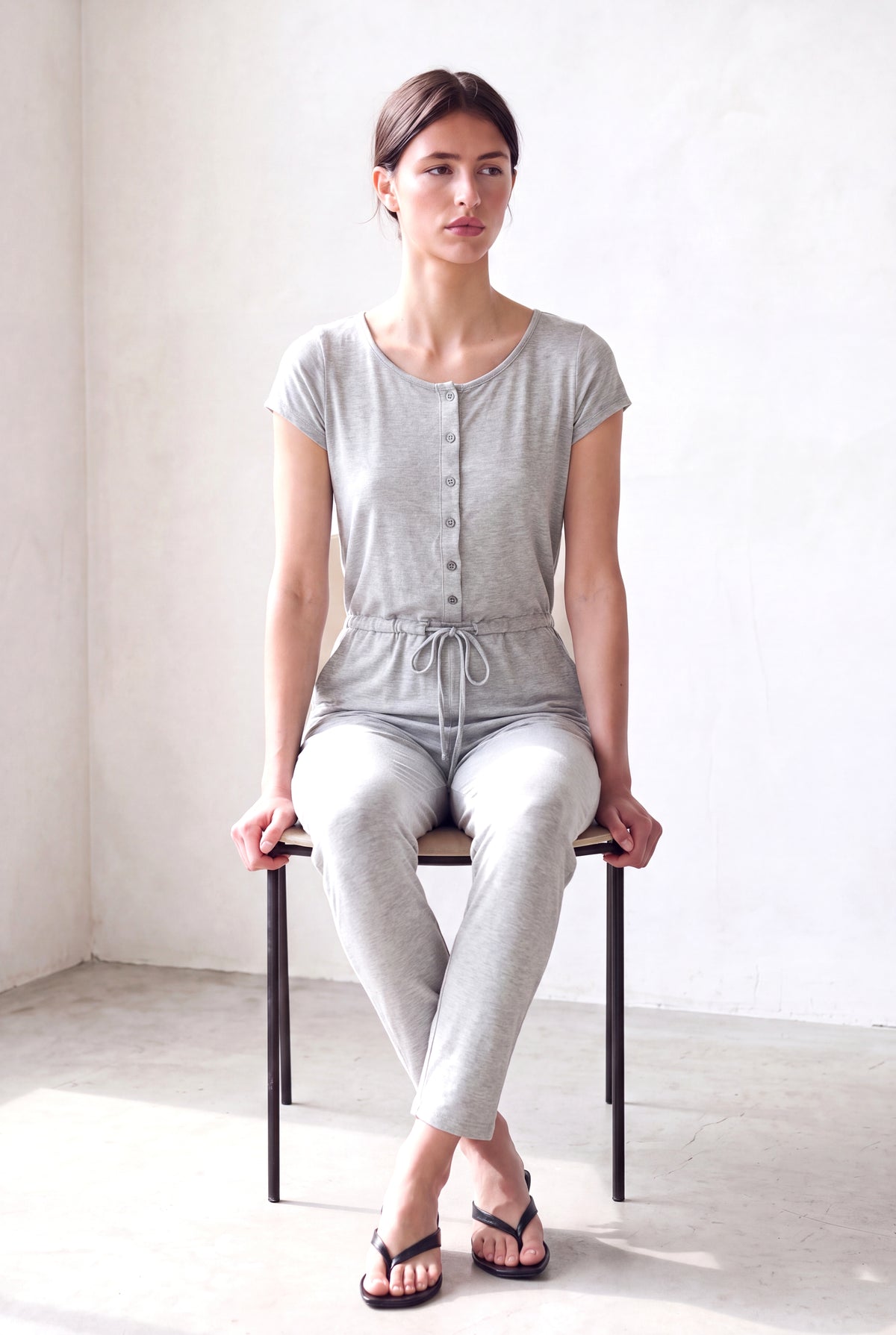 Açık Gri Melanj Kadın Açık Gri Melanj Pamuklu Bisiklet Yaka Kısa Kollu Beli Bağcıklı Düğmeli Tulum BRIGID - Jumpsuit - Westmark London EU(TR) Store Organik Pamuklu Sürdürülebilir Moda