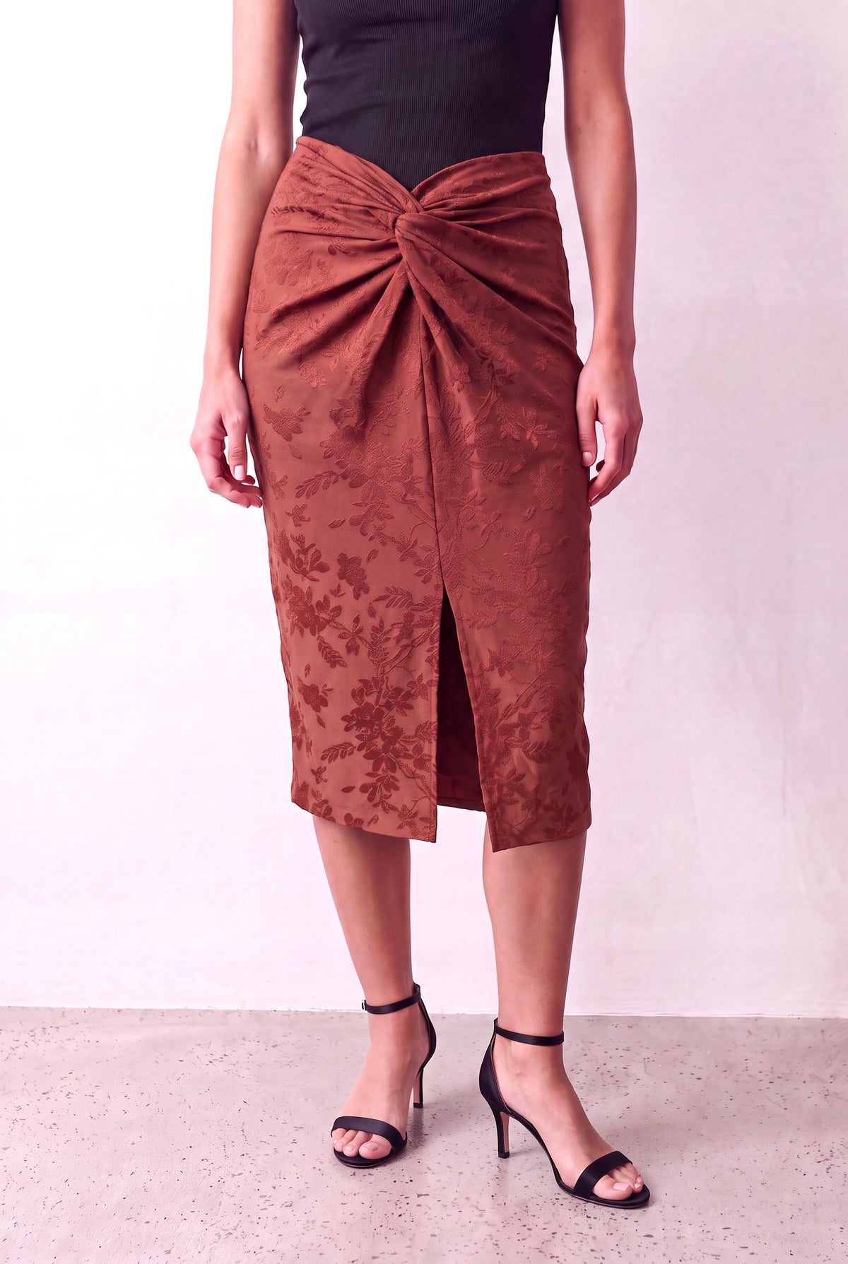 Kiremit Kadın Kiremit Jakarlı Büzgü Detaylı Yırtmaçlı Midi Etek AMIRA - Skirt - Westmark London EU(TR) Store Organik Pamuklu Sürdürülebilir Moda