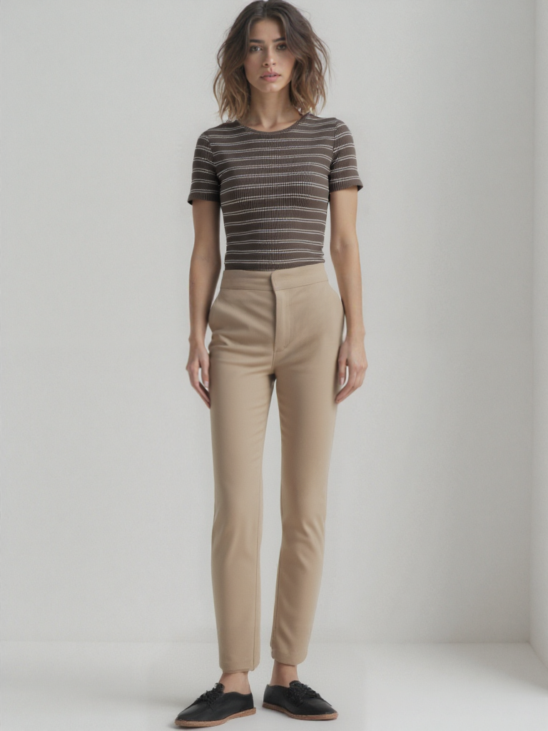 Kahve Bej Çizgili Bisiklet Yaka Kısa Kollu Kadın Crop T-Shirt SANDY S/S TOP