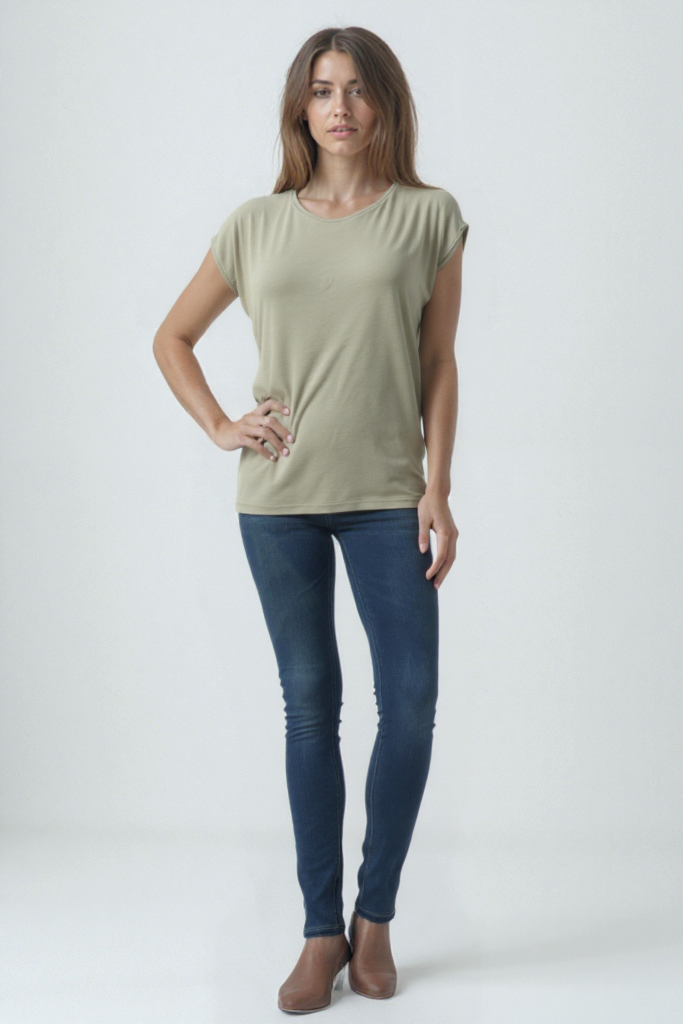 Açık Gri Bisiklet Yaka Pamuklu Kadın Kısa Kollu T-Shirt BETTY O-NECK TOP