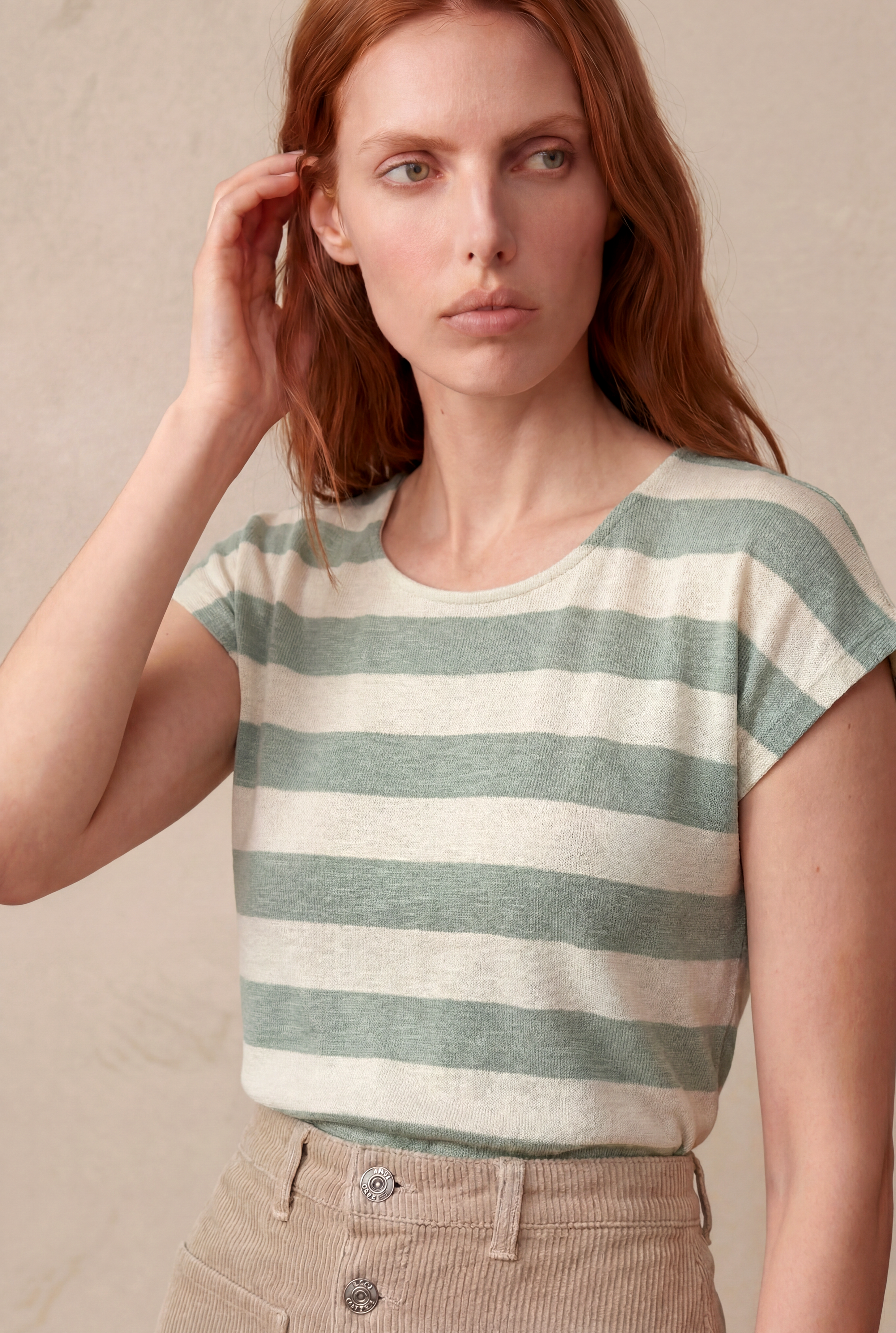 Kadın Regular Fit Bisiklet Yaka Kısa Kol Ekru / Dark Yeşil Çizgili Viskon / Elastan T-Shirt WILDA - Top - Westmark London EU(TR) Store Organik Pamuklu Sürdürülebilir Moda